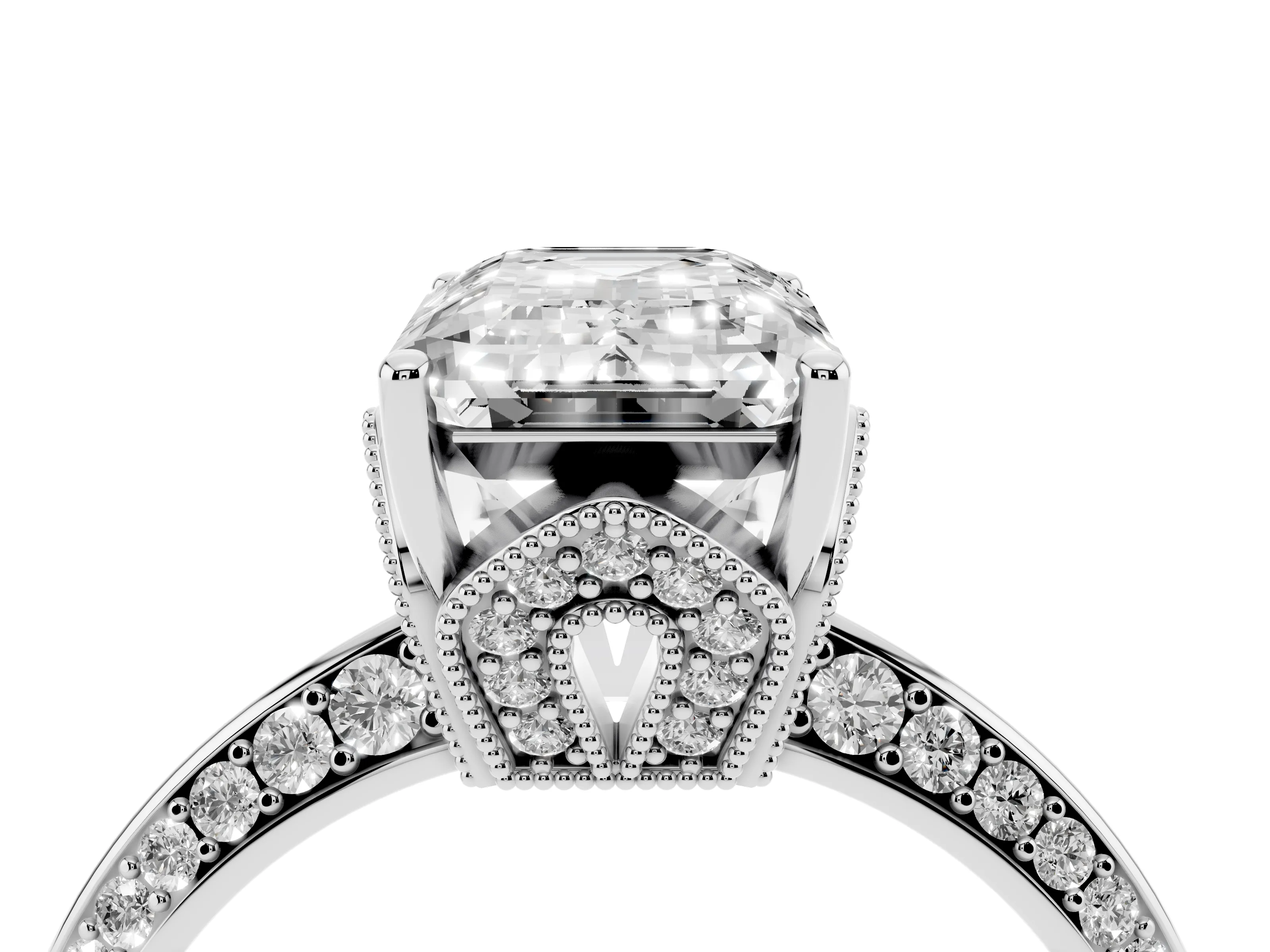 Emerald Cut Diamond Solitaire Engagement Ring Set in Silver with Pavé Split Shank and Prong Setting
