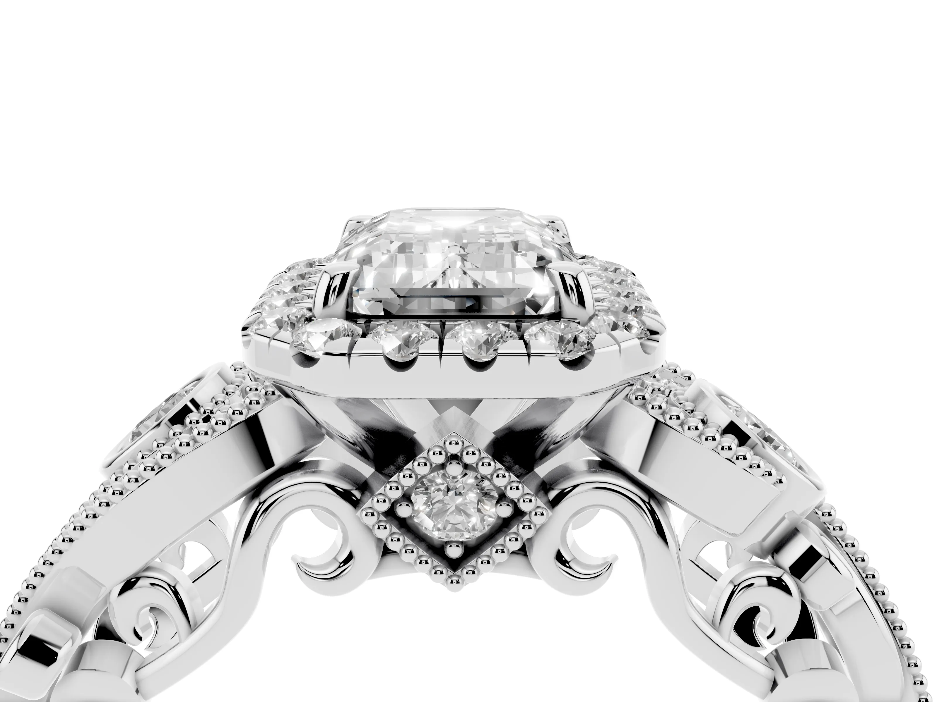 Emerald Cut Diamond Halo Ring Set in Silver with Milgrain Pavé Band and Prong Setting