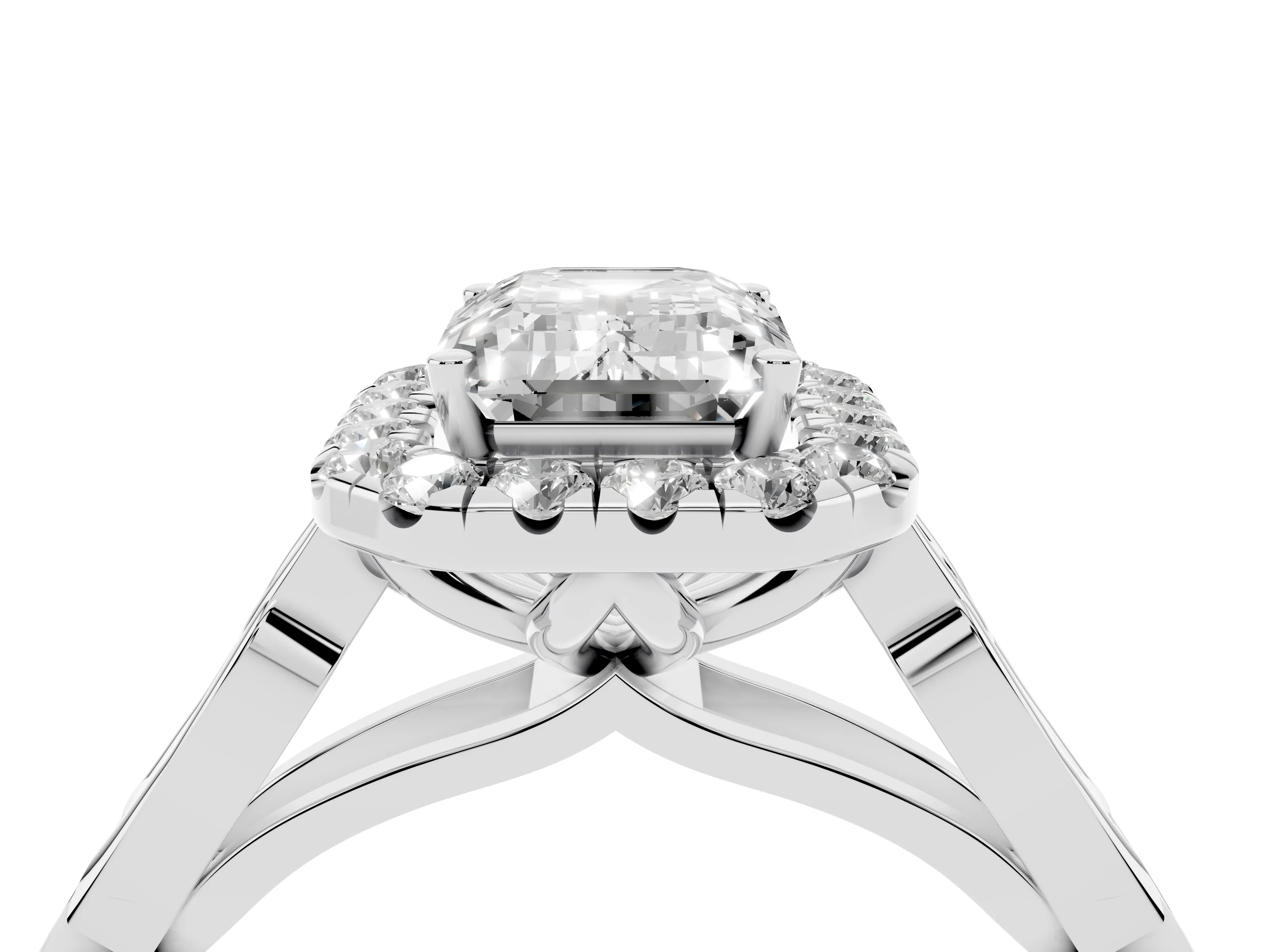 Emerald Cut Diamond Halo Engagement Ring Set in White gold with Filigree Band and Prong-Set Center