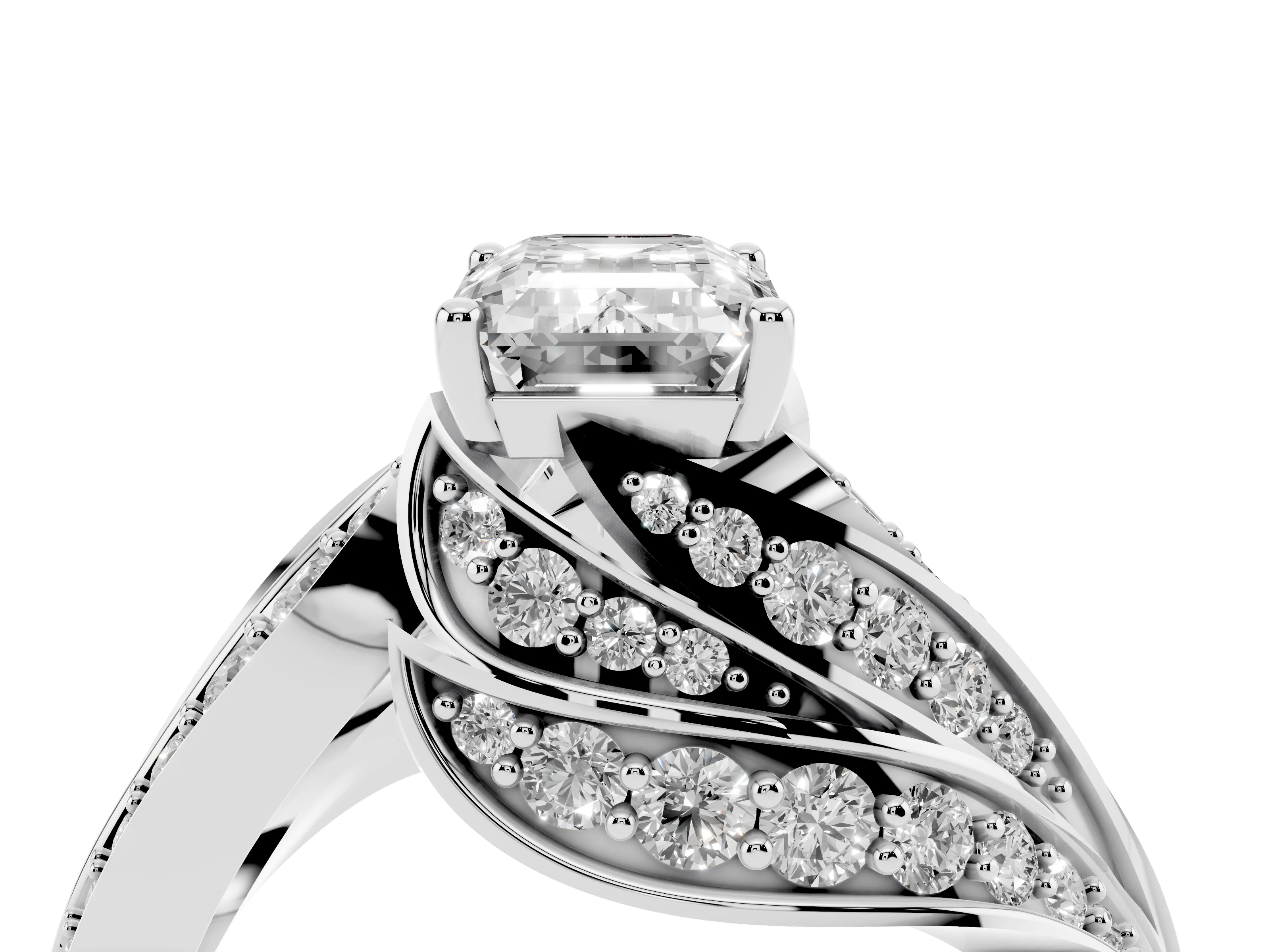 Emerald Cut Diamond Solitaire Ring Set in Silver with Layered Twist Pavé Band