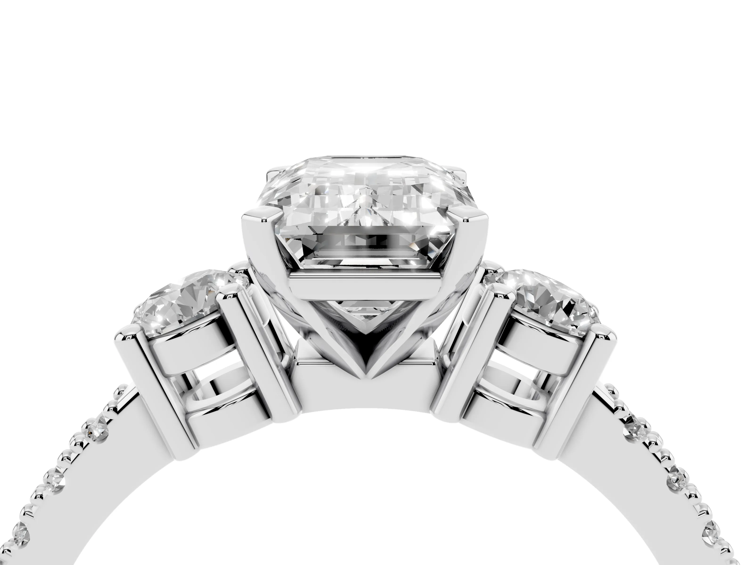 Three-Stone Emerald Cut Diamond Pavé Band Ring Set in Platinum with Prong Setting