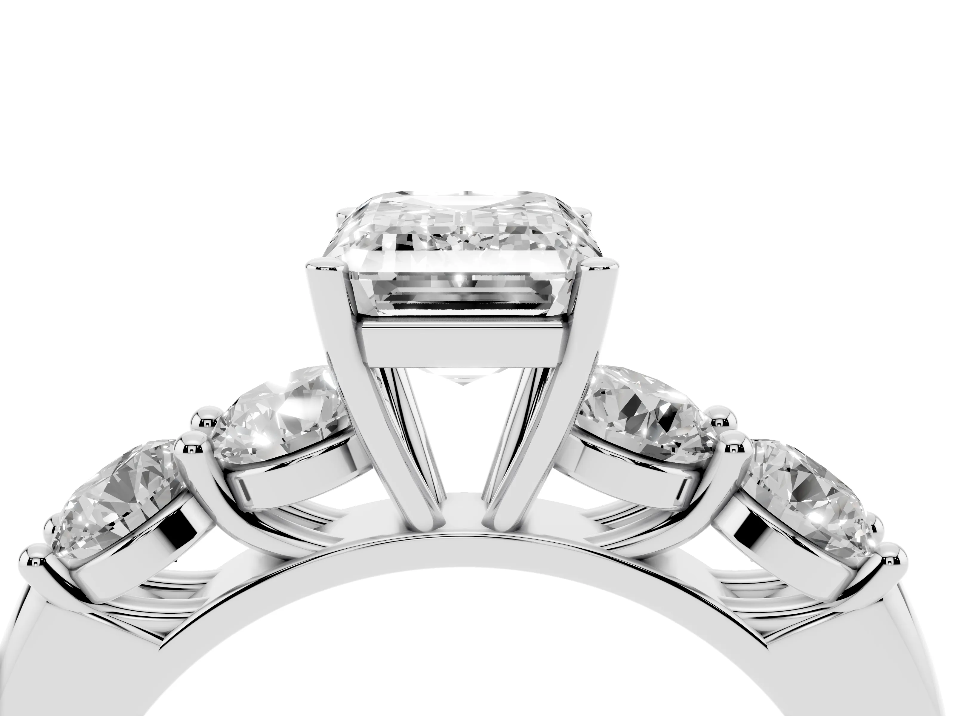 Emerald Cut Diamond Five-Stone Prong Set Ring Set in White gold with Classic Band