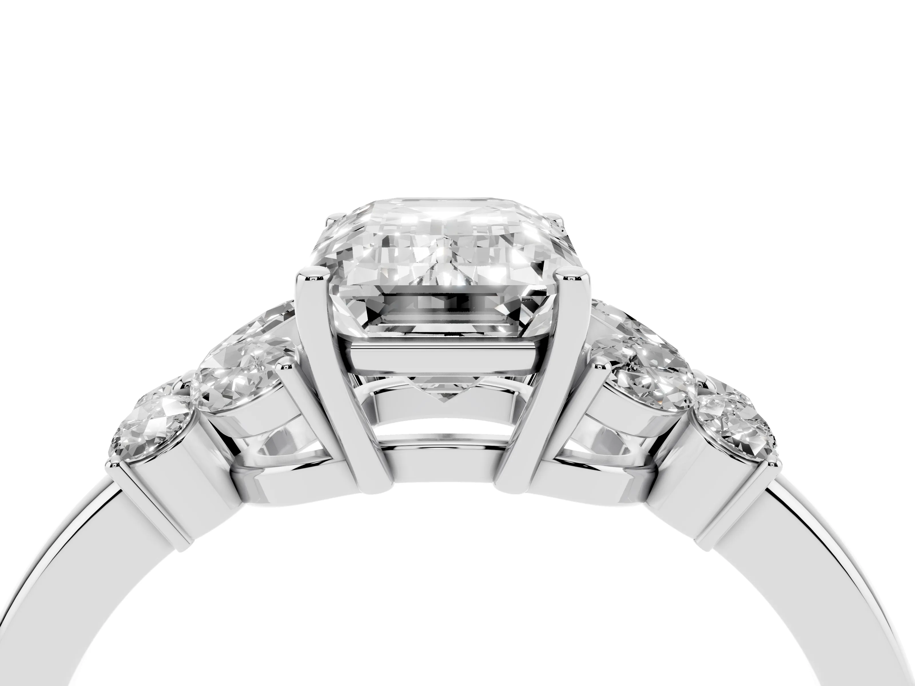 Emerald Cut Diamond Solitaire Floral Ring Set in Platinum with Marquise Petals and Prong Setting