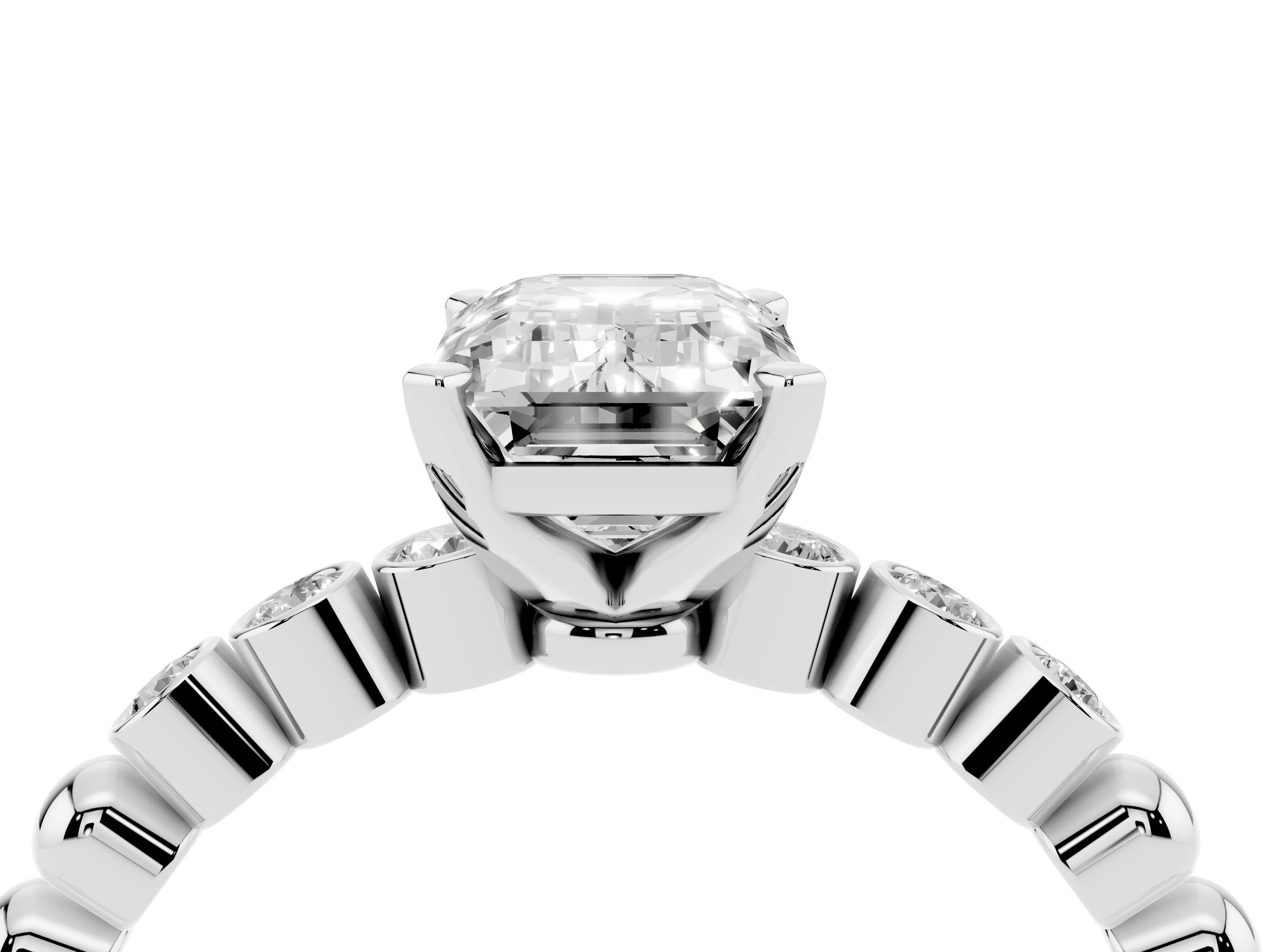 Emerald Cut Diamond Solitaire Engagement Ring Set in Platinum with Bezel Accents on Beaded Band
