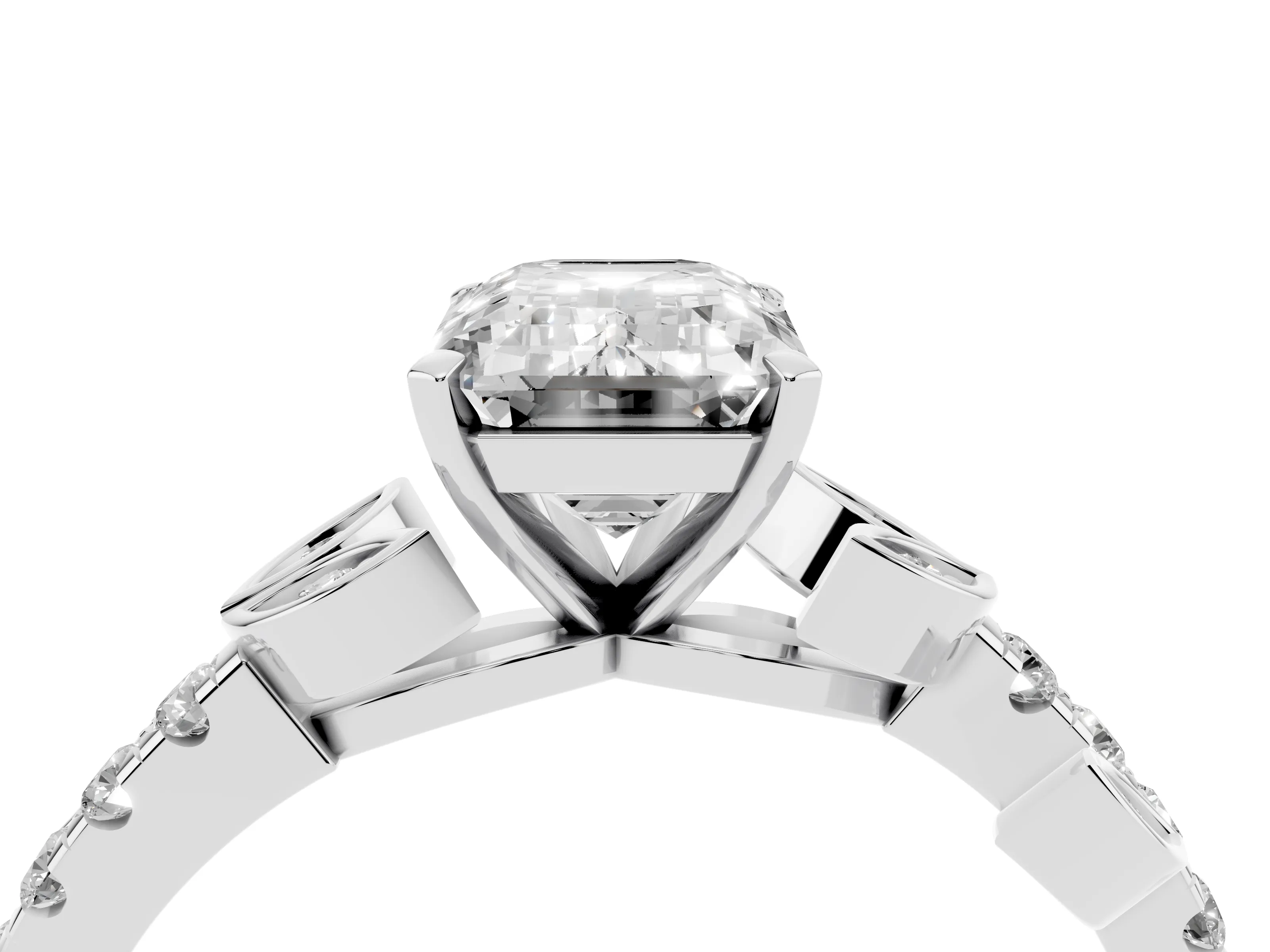 Emerald Cut Diamond Solitaire Leaf-Inspired Ring Set in Platinum with Pavé Band and Prong Setting