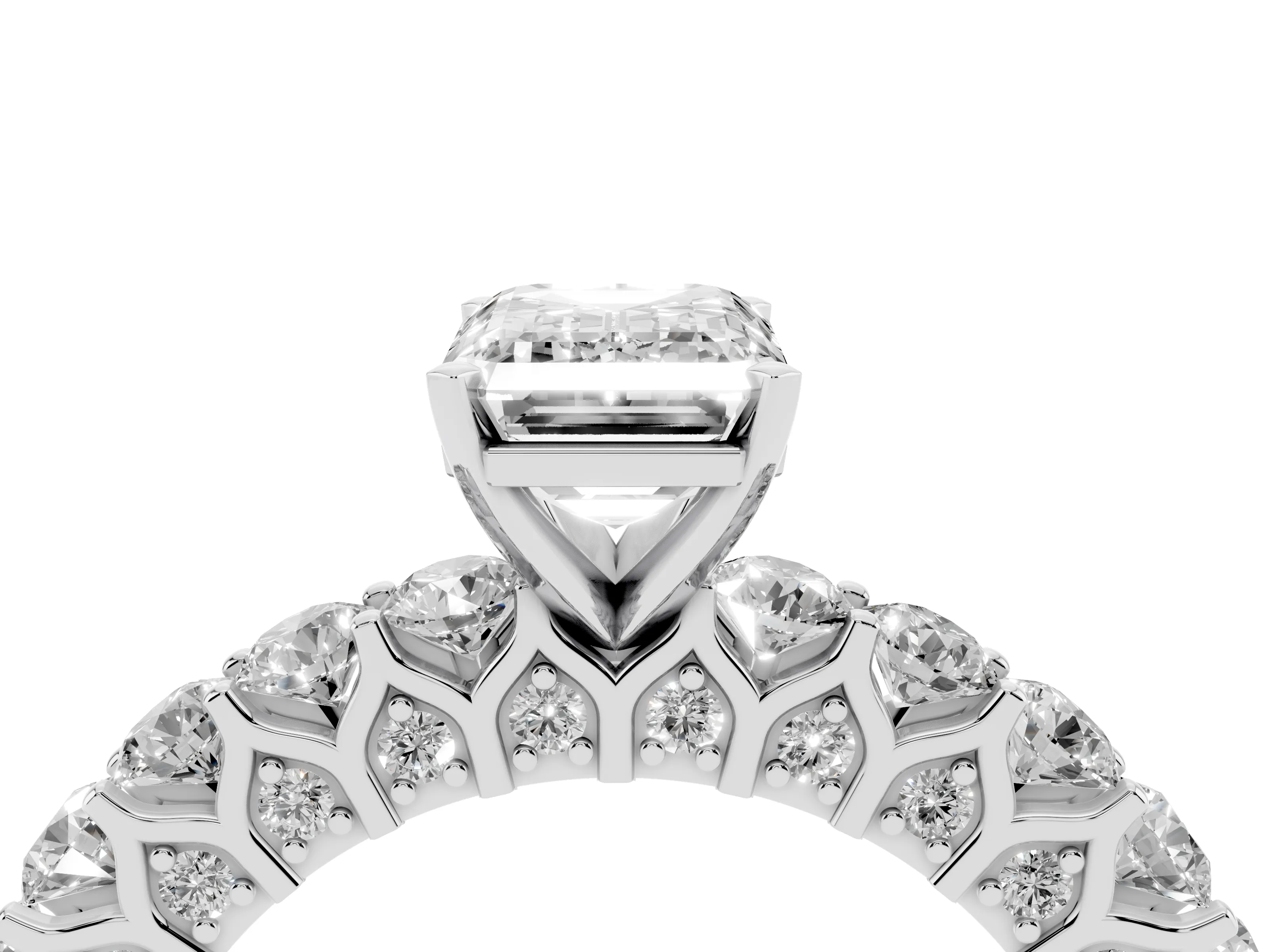 Emerald Cut Diamond Solitaire Ring Set in Platinum with Shared Prong Pavé Band