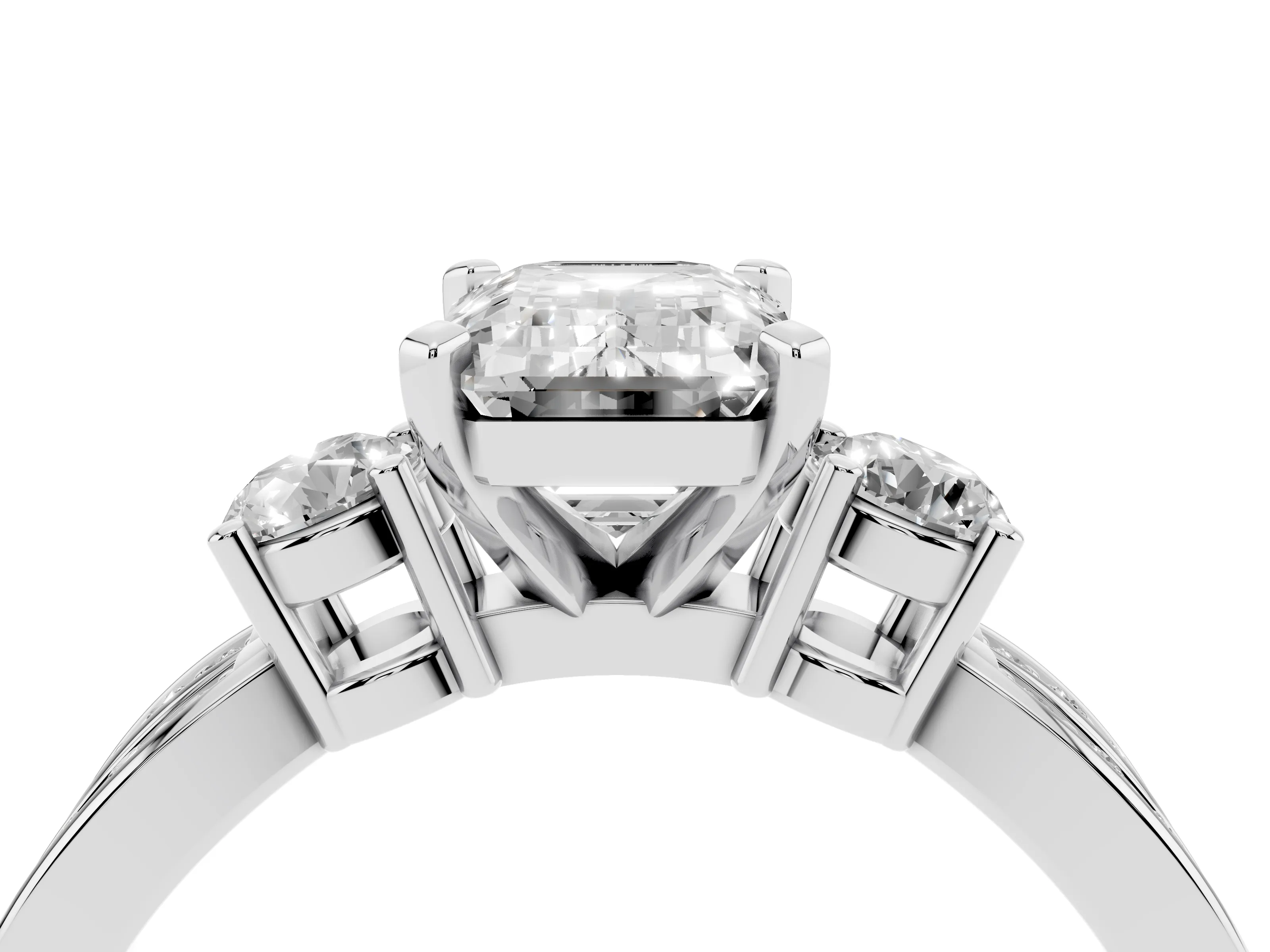 Three-Stone Emerald Cut Diamond Twist Band Ring Set in Platinum with Pavé Accents and Prong Setting