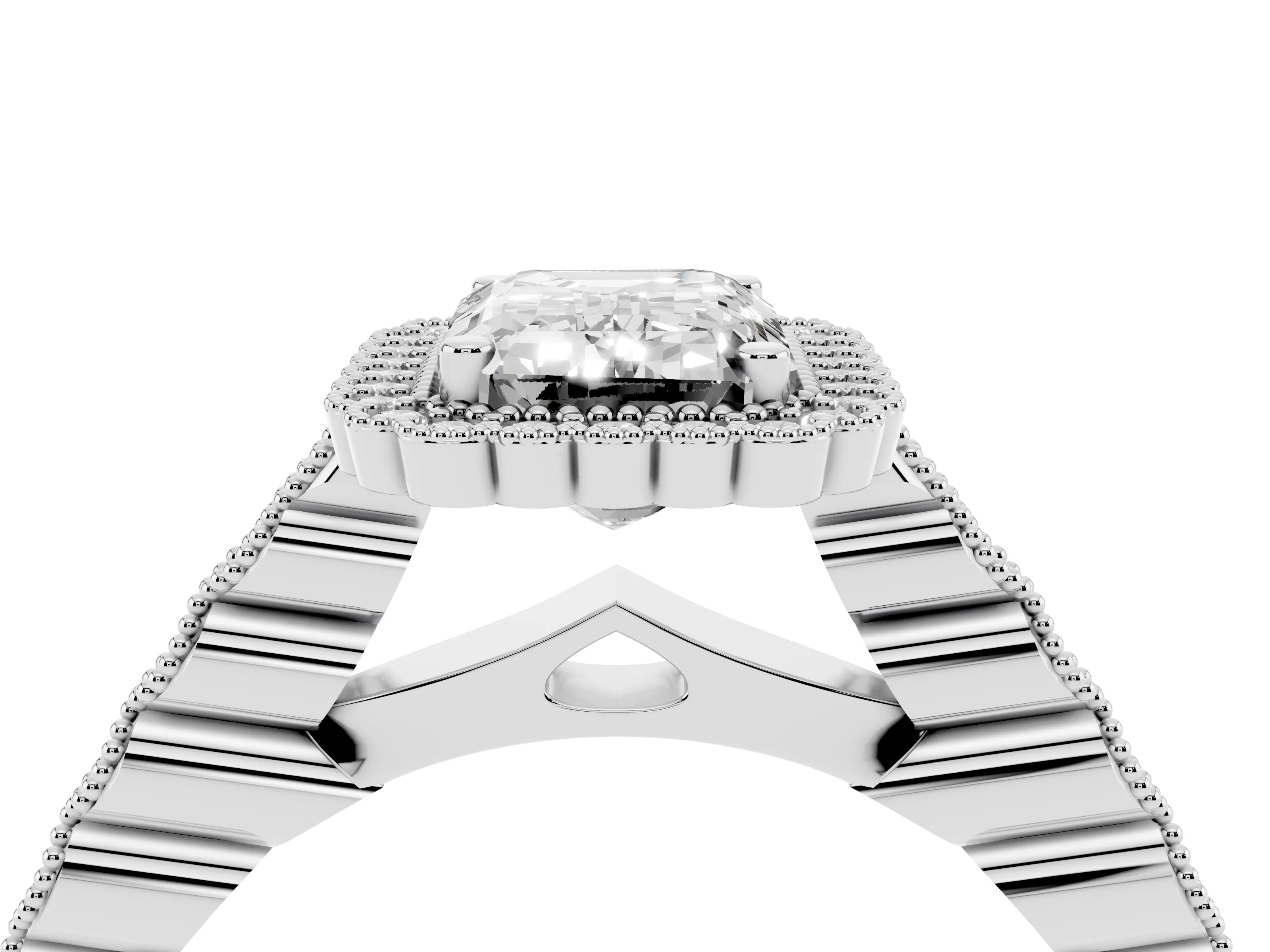 Emerald Cut Diamond Halo Ring Set in White gold with Pavé Milgrain Band