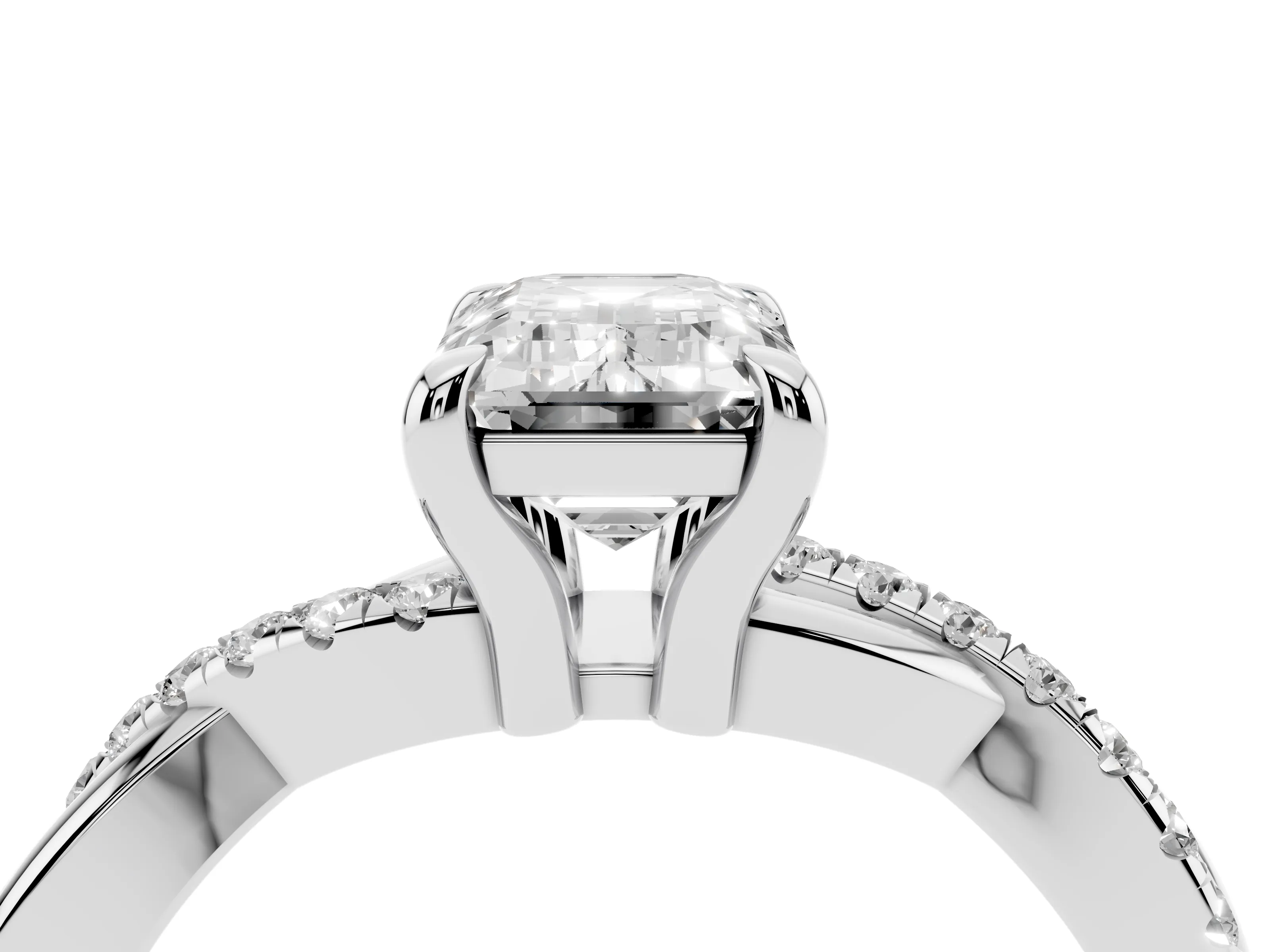Emerald Cut Diamond Twist Band Solitaire Set in Platinum with Pavé Accents and Prong Setting