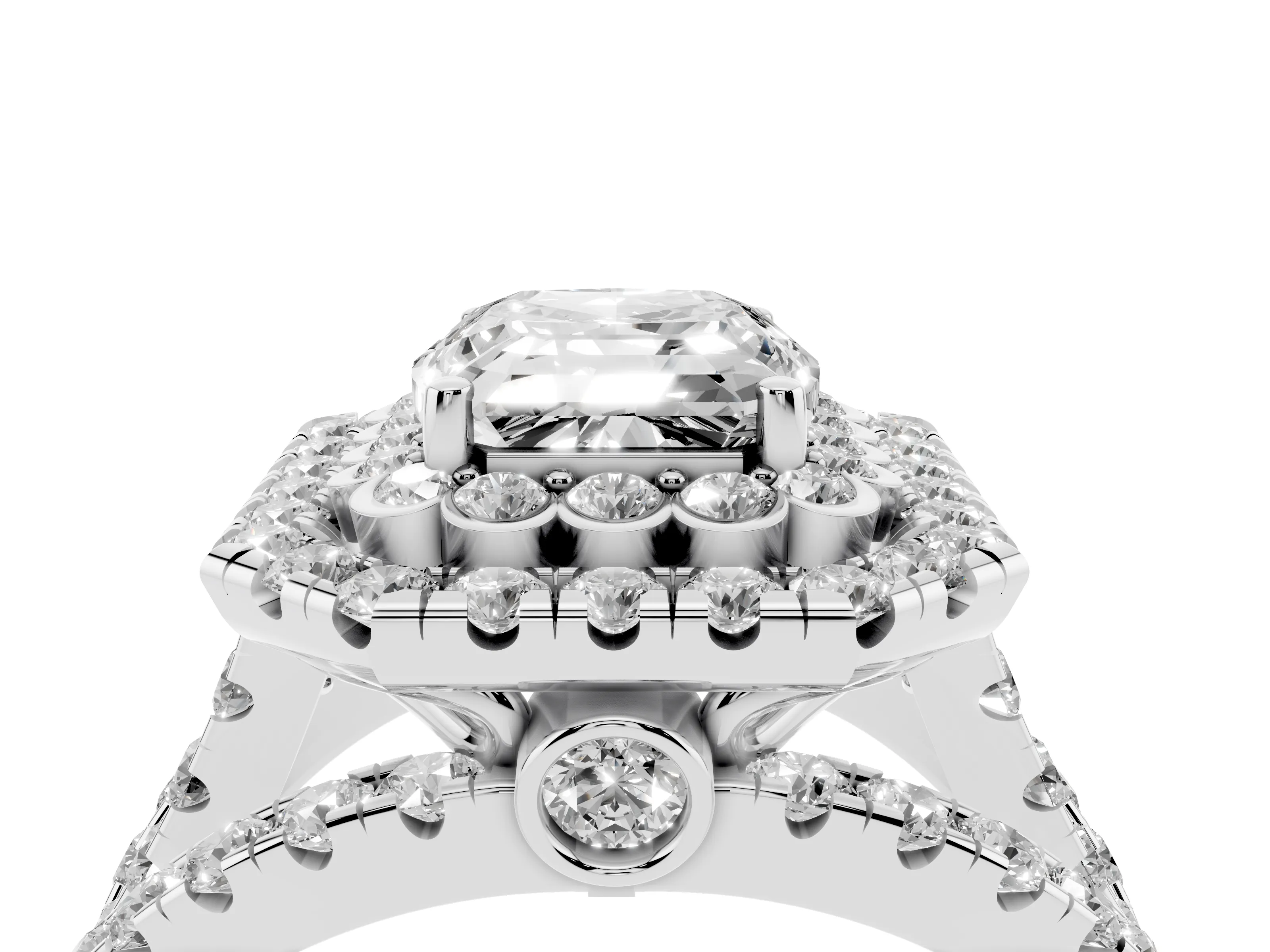 Emerald Cut Diamond Double Halo Ring Set in Silver with Round Pavé Split Shank