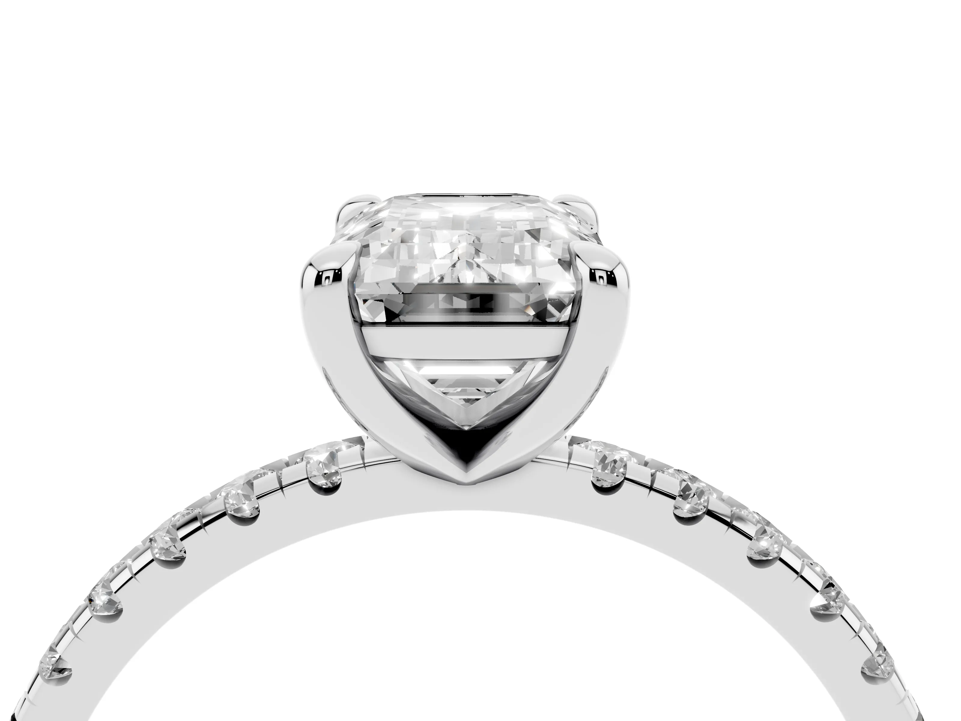 Emerald Cut Diamond Brilliant Solitaire Ring Set in White gold with Pavé Band and Prong Setting