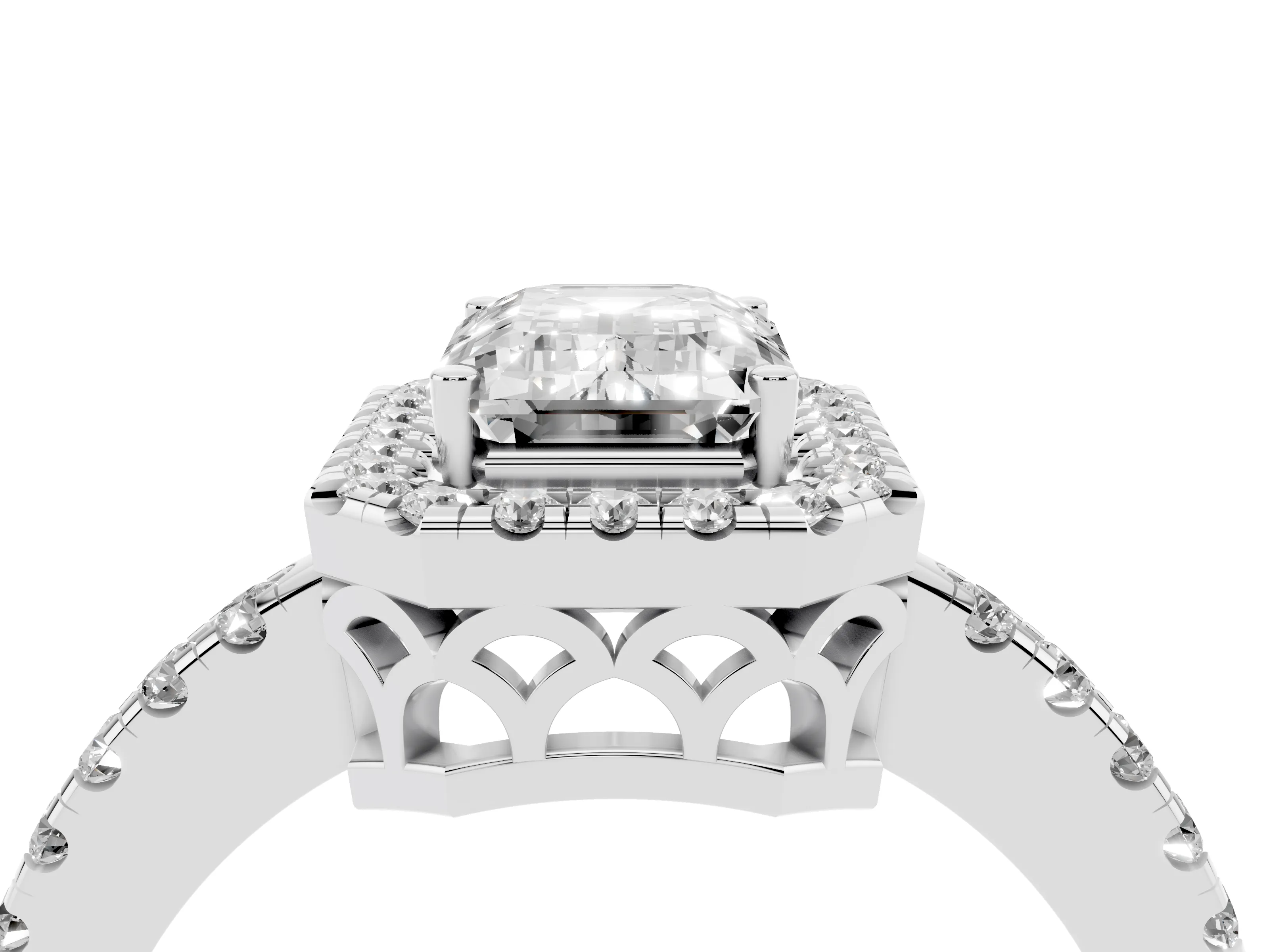 Emerald Cut Diamond Pavé Band Halo Engagement Ring Set in Silver with Prong Setting