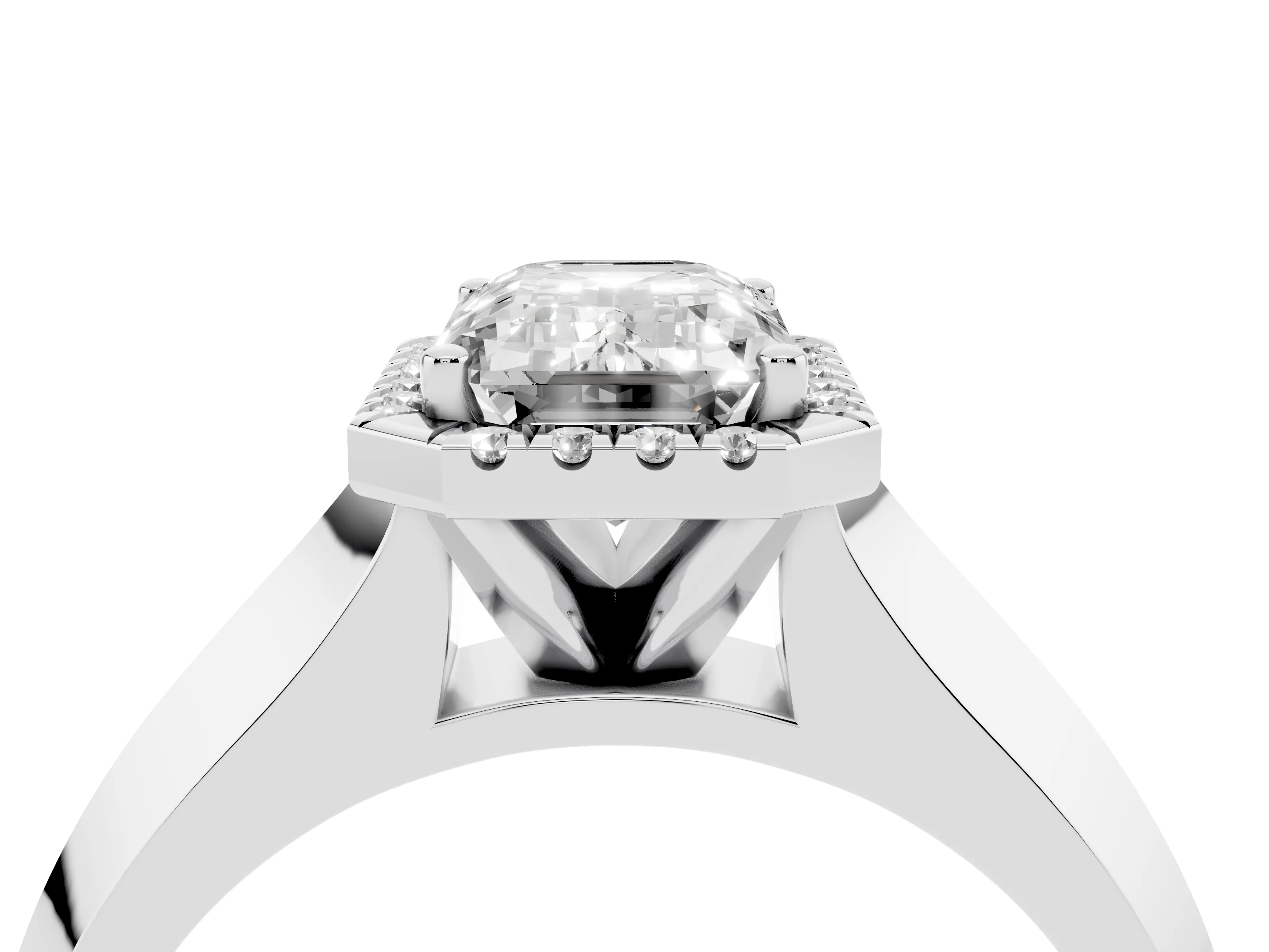 Emerald Cut Diamond Halo Ring Set in Platinum with Cathedral Band and Prong Setting