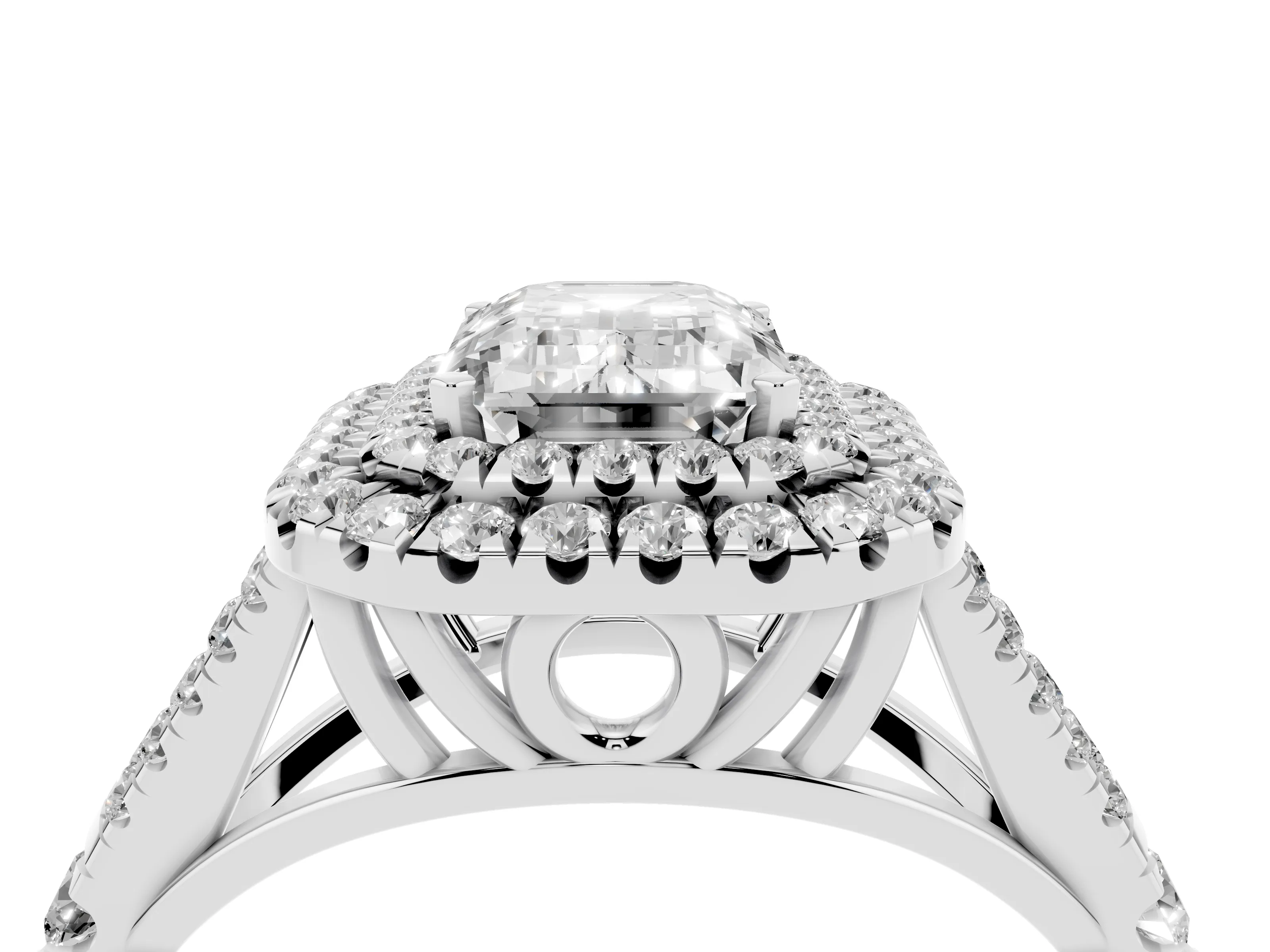 Emerald Cut Diamond Pavé Split Shank Double Halo Engagement Ring Set in White gold