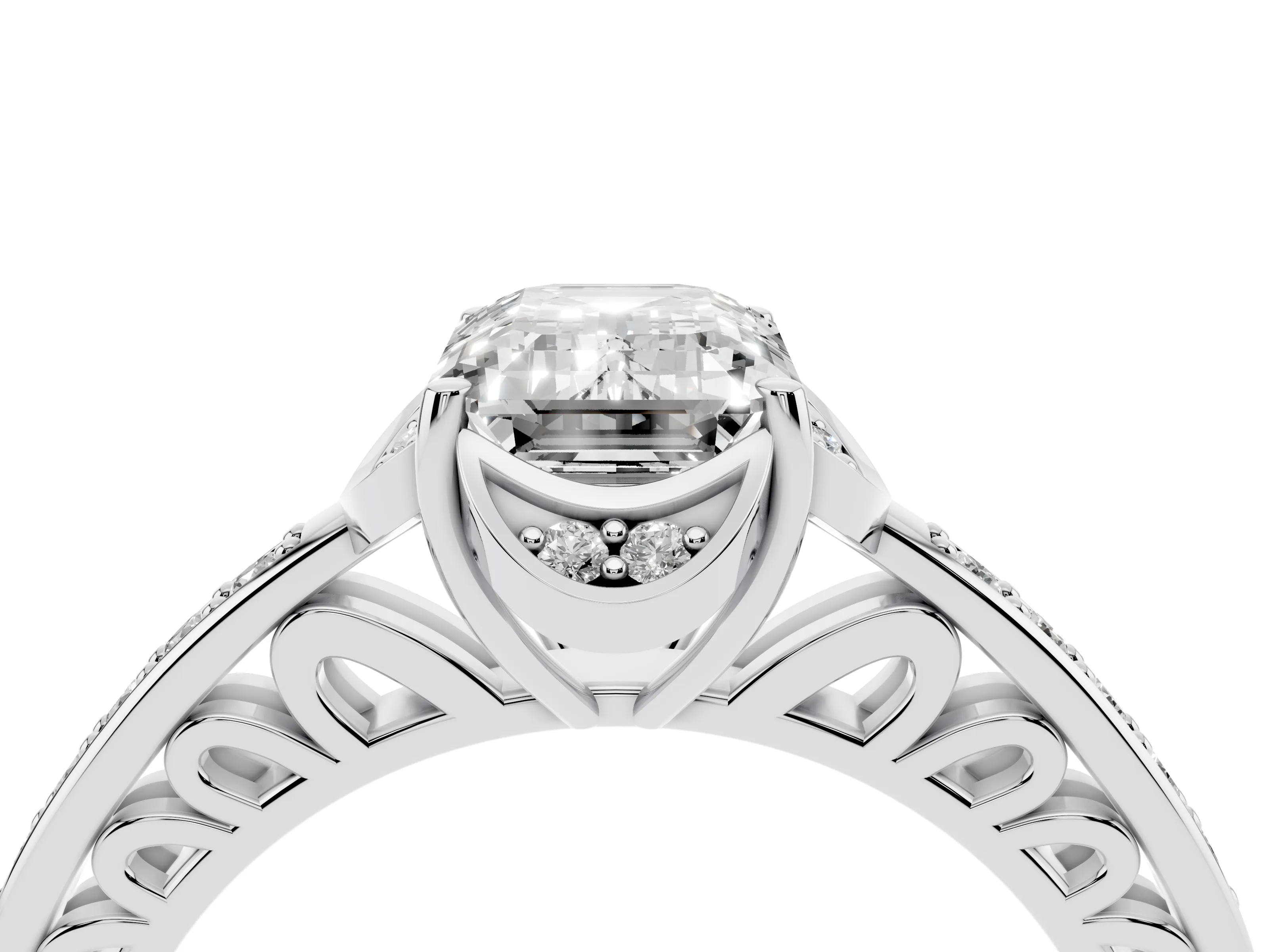 Emerald Cut Diamond Halo Ring Set in Silver with Channel Set Band and Prong Setting
