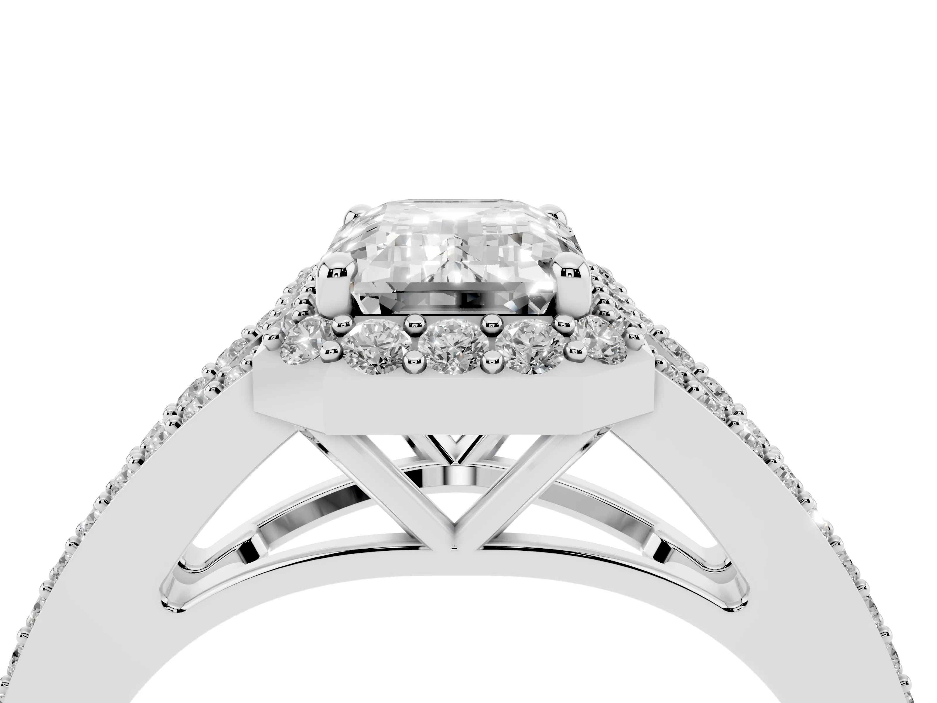 Emerald Cut Diamond Halo Split Shank Pavé Ring Set in Silver with Prong Setting