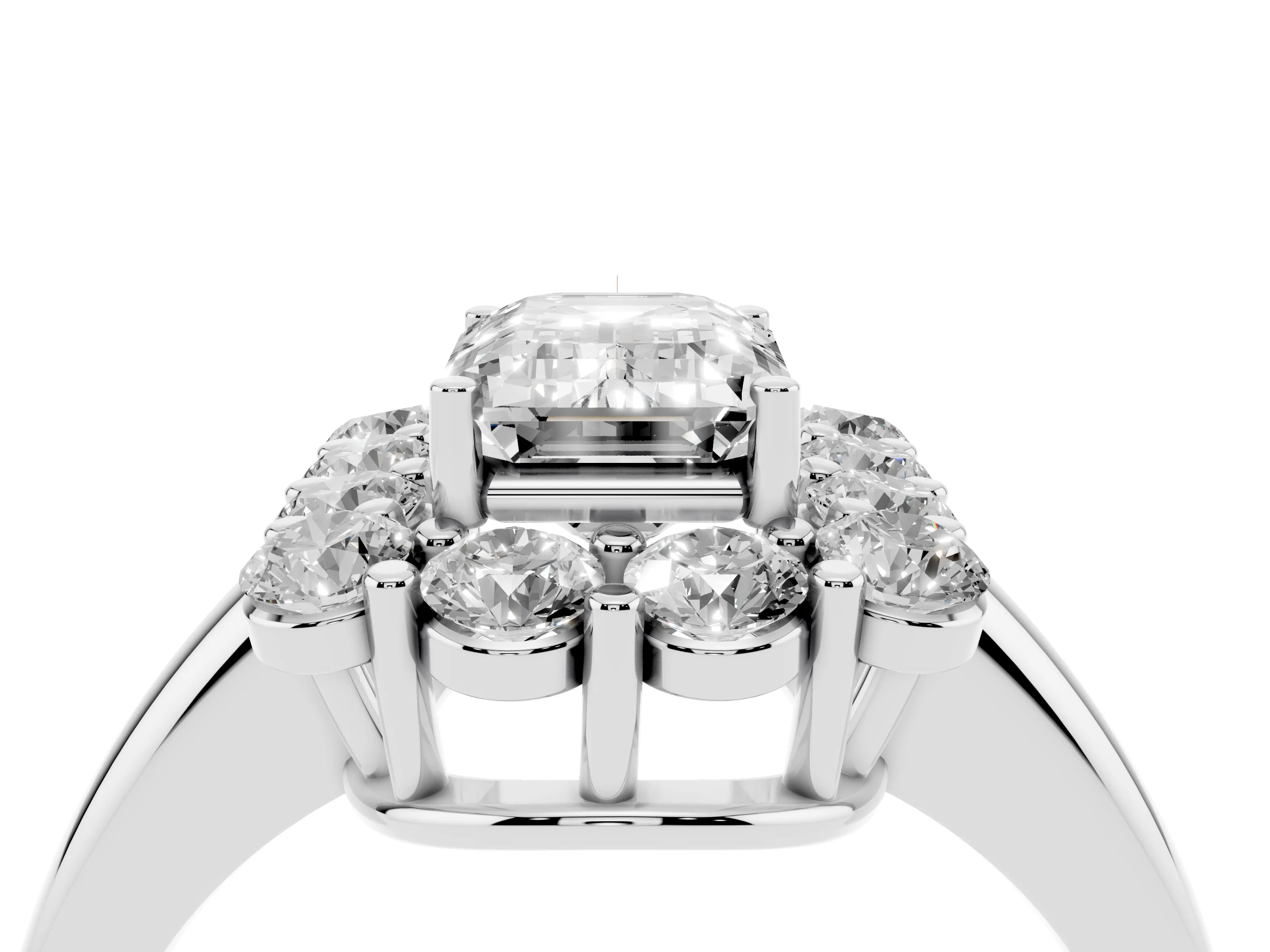 Emerald Cut Diamond Halo Cluster Engagement Ring Set in White gold with Polished Band and Prong Setting