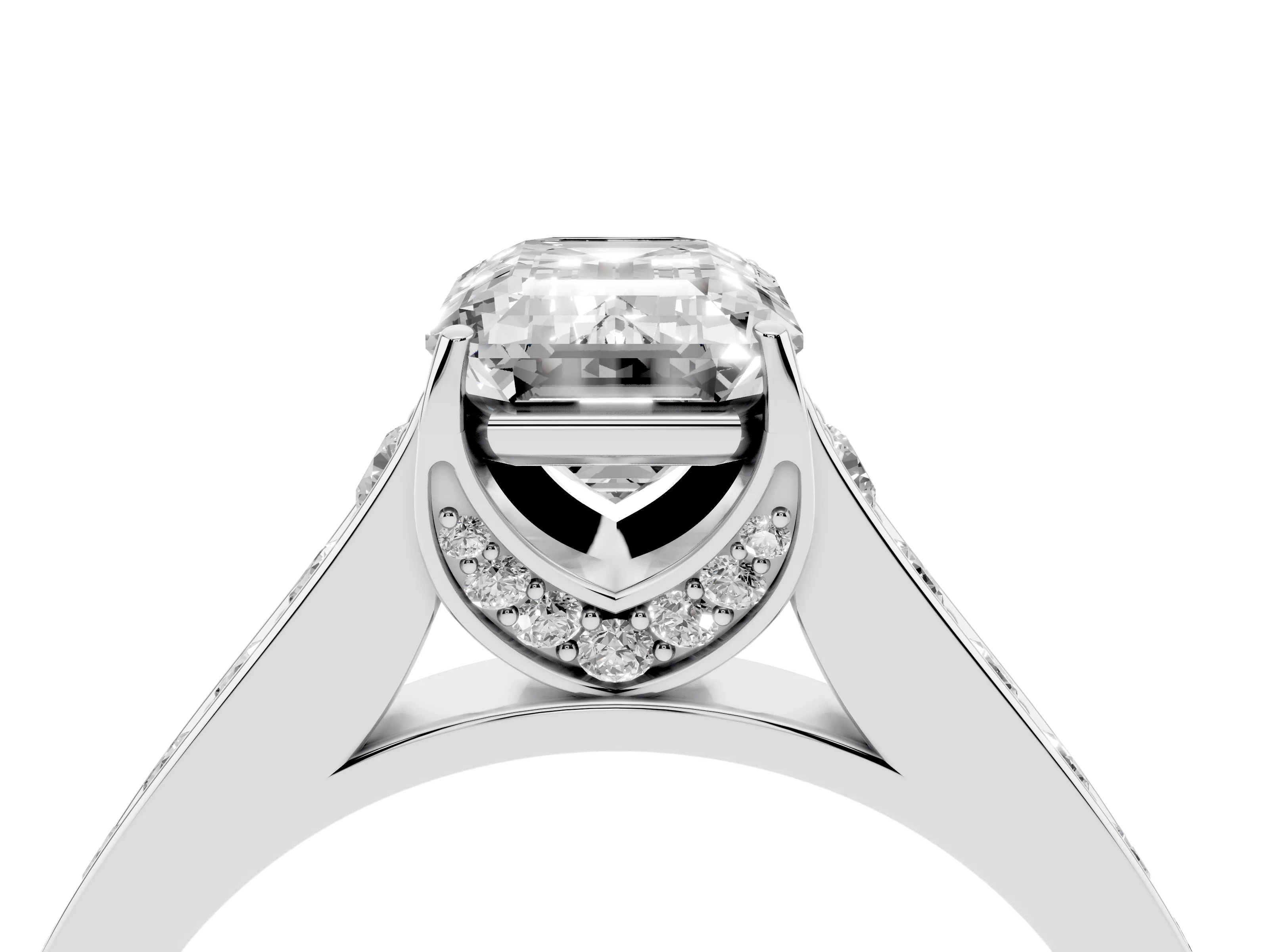 Emerald Cut Diamond Solitaire Pavé Engagement Ring Set in White gold with Prong Setting