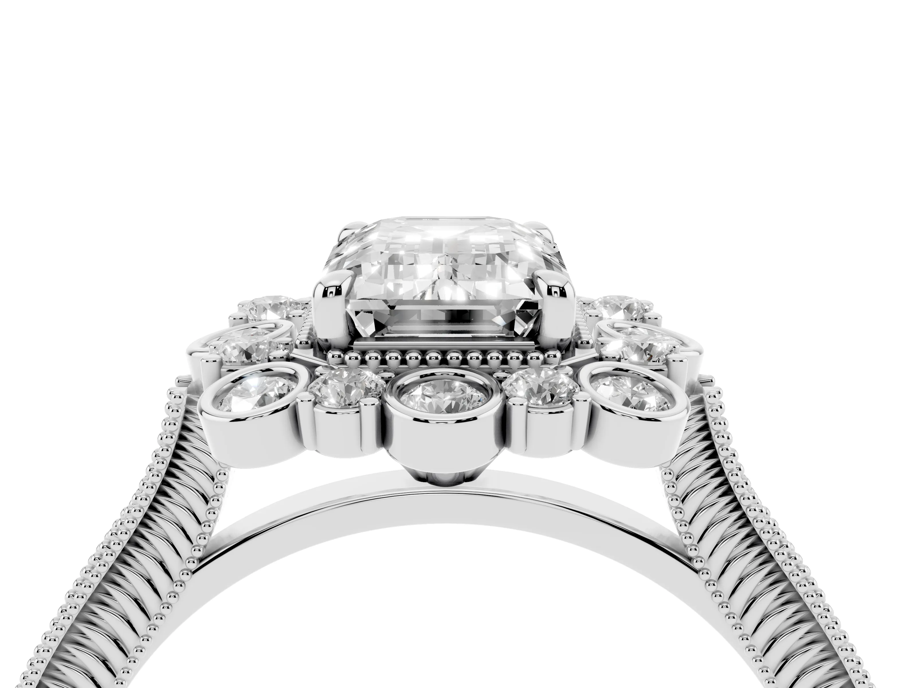 Emerald Cut Diamond Halo Milgrain Pavé Ring Set in White gold with Prong Setting