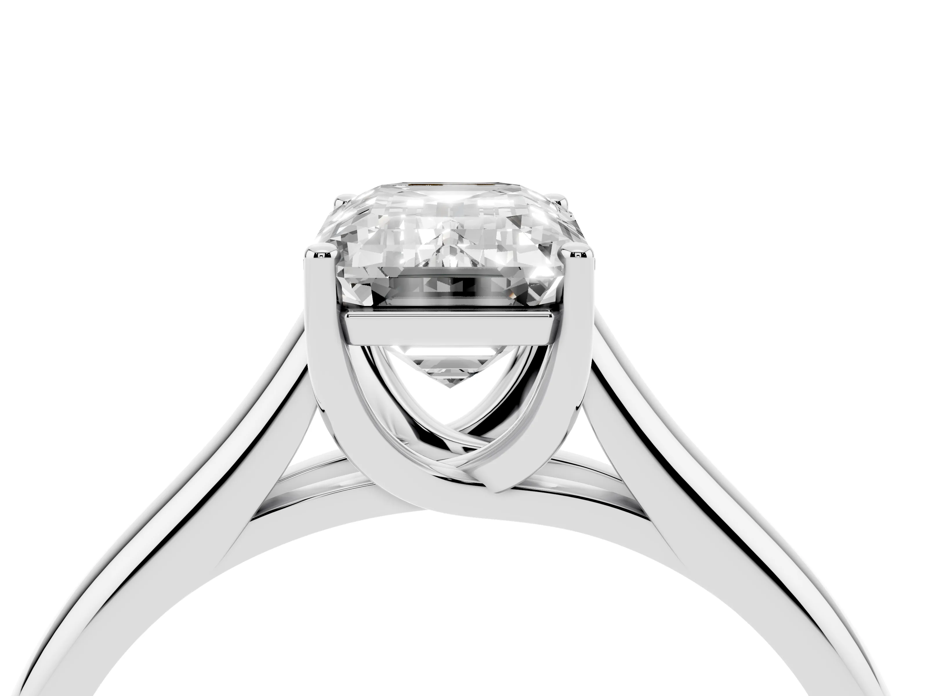 Emerald Cut Diamond Solitaire Engagement Ring Set in White gold with Subtly Tapered Band and Prong Setting