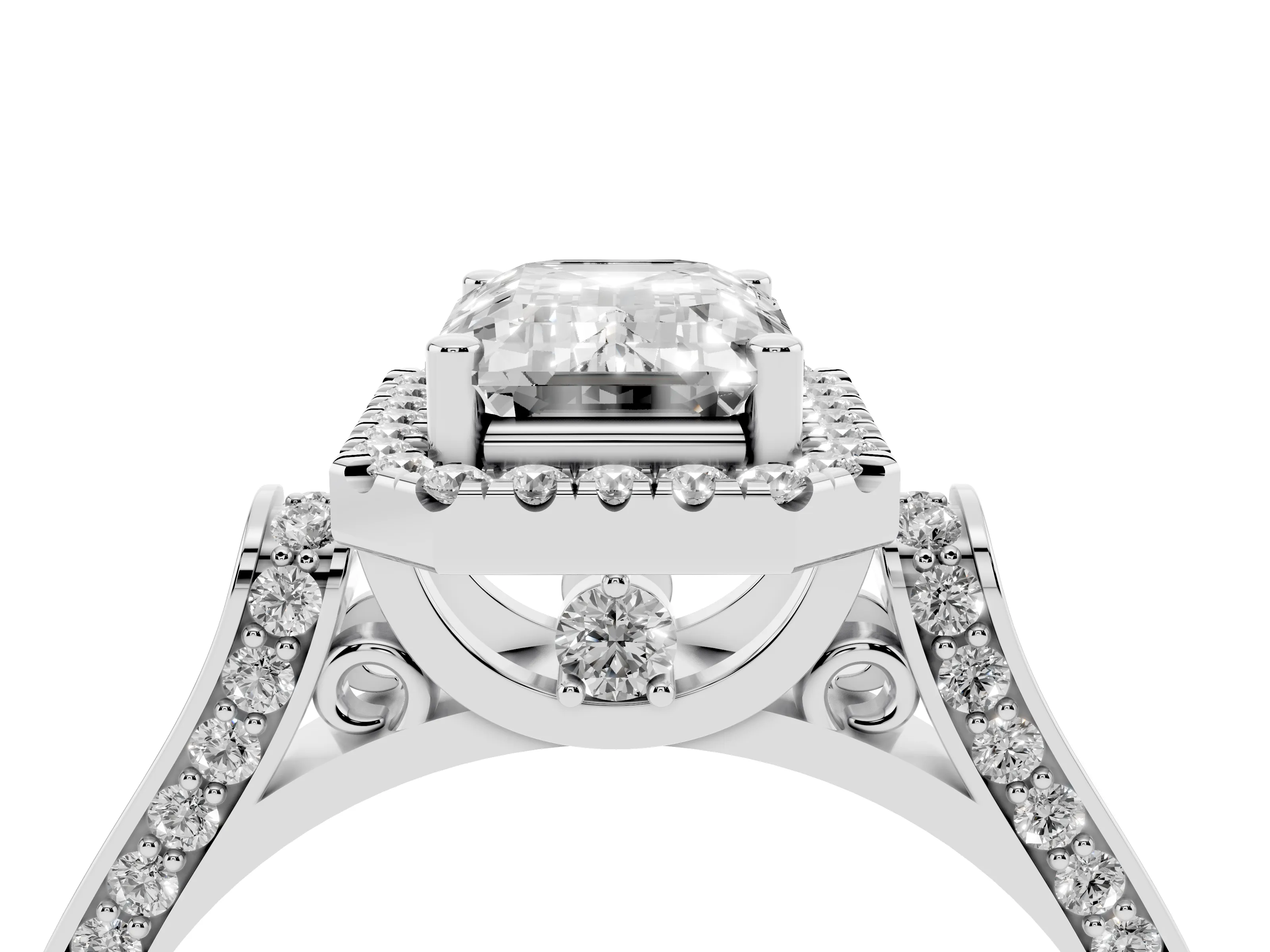 Emerald Cut Diamond Halo Ring Set in Platinum with Pavé-Lined Split Shank Band