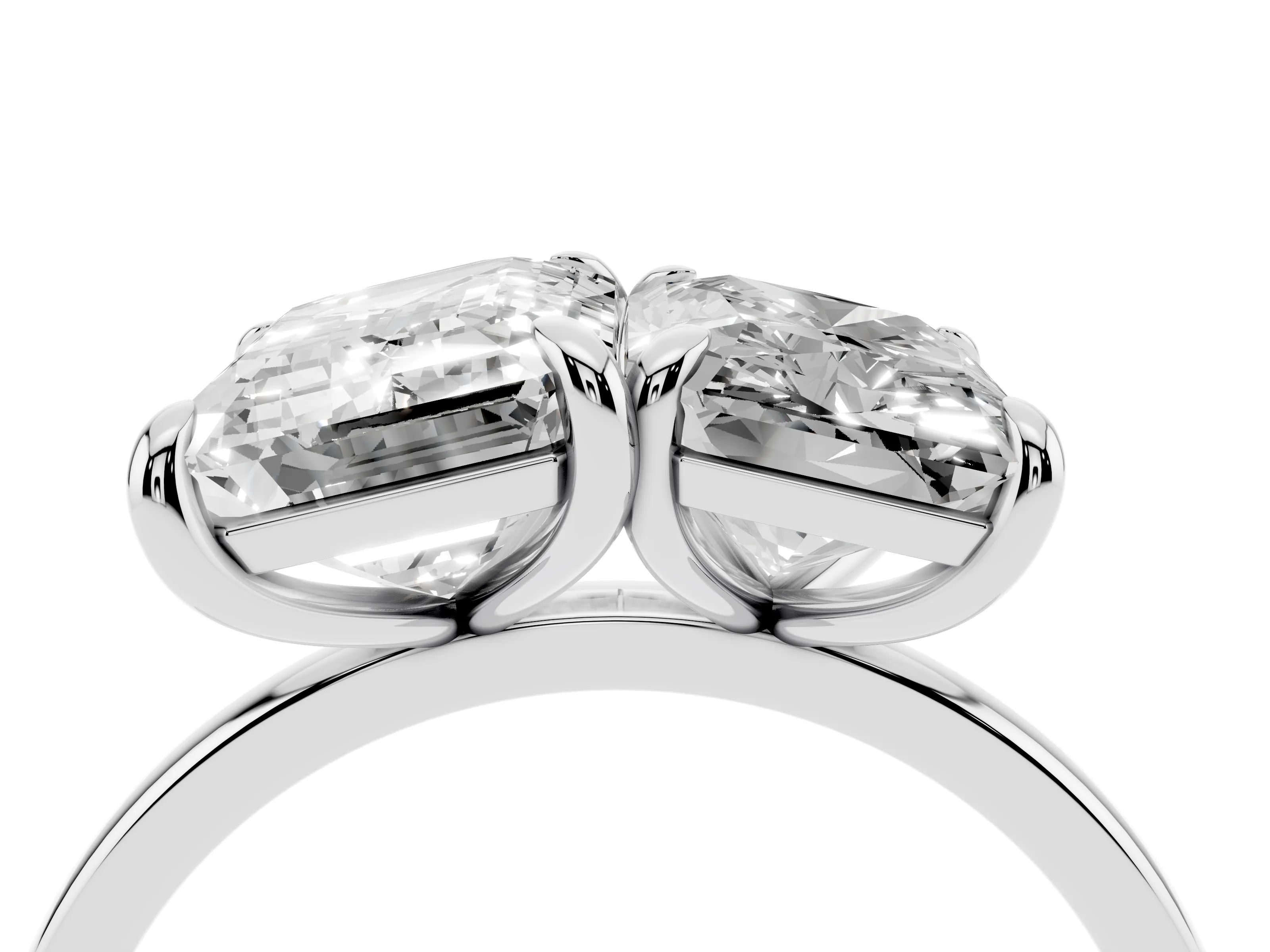 Emerald and Radiant Toi Moi Ring Set in Silver with Prong Setting and Plain Band