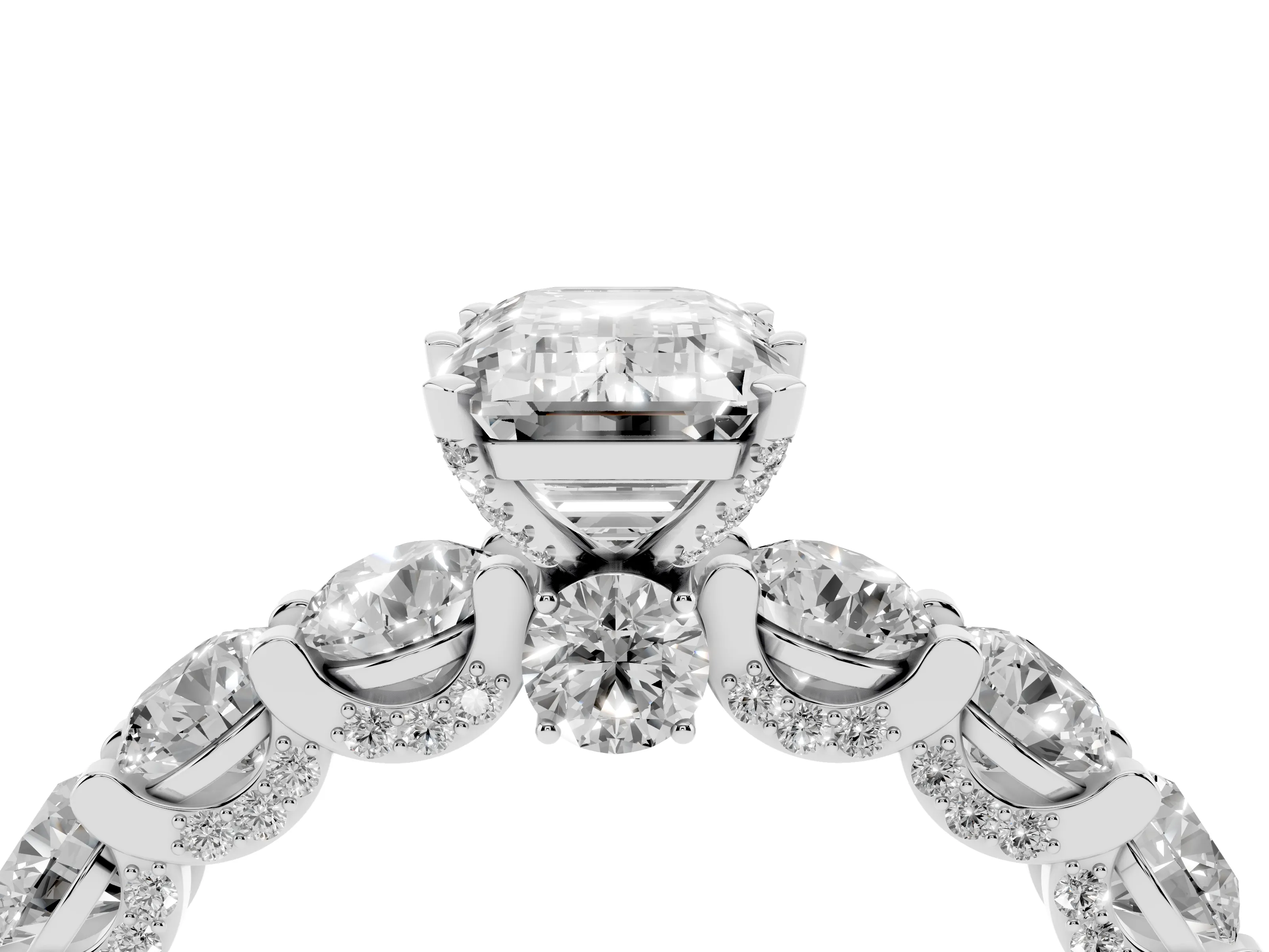 Emerald Cut Diamond Side Stone Ring Set in Silver with Alternating Round and Oval Side Stones