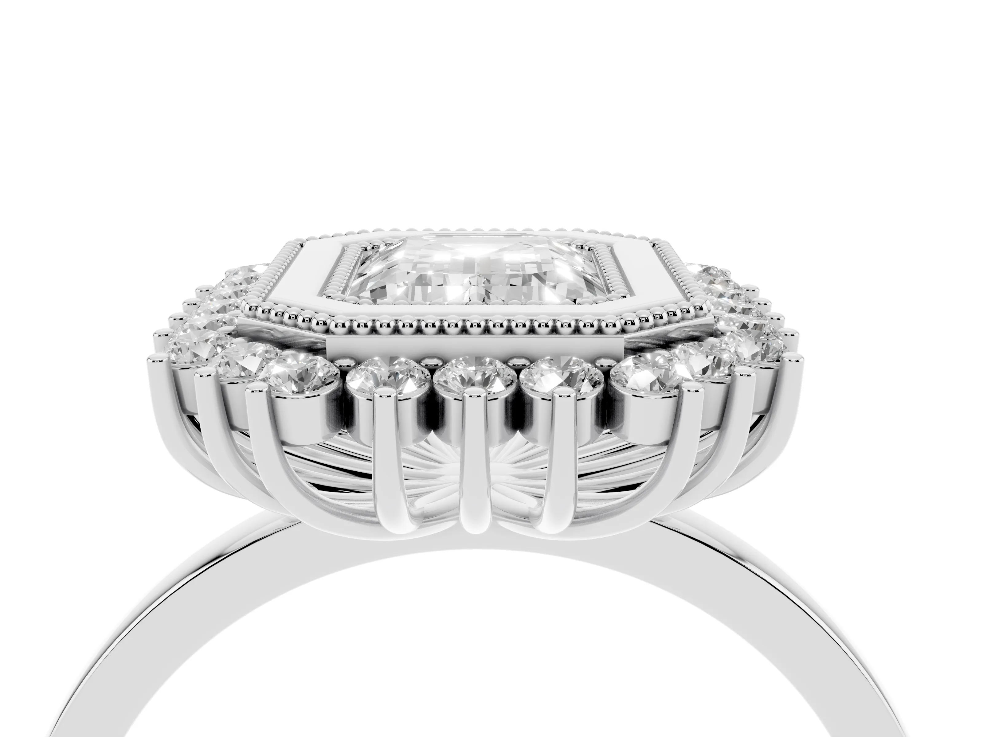 Emerald Cut Diamond Halo Ring Set in Silver with Milgrain Edge and Round Prong Setting