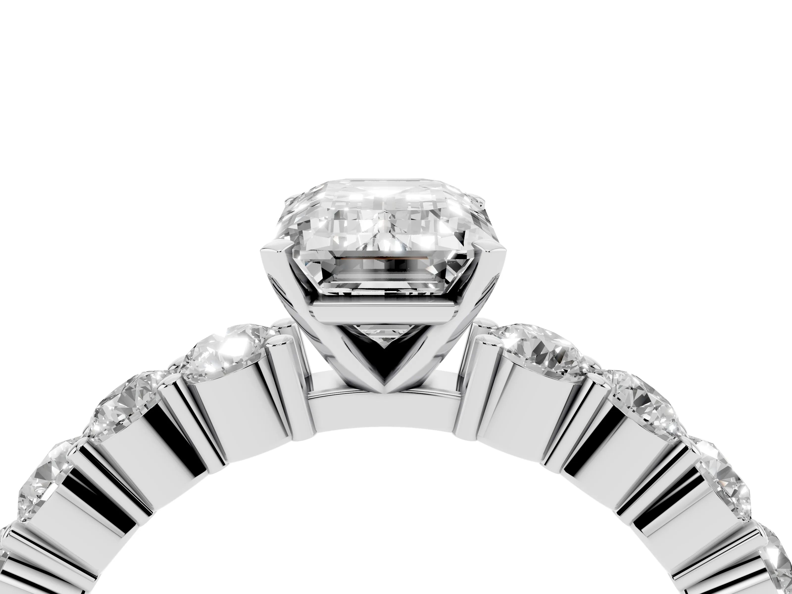 Emerald Cut Diamond Solitaire Ring Set in Silver with Shared Prong Round Side Stones