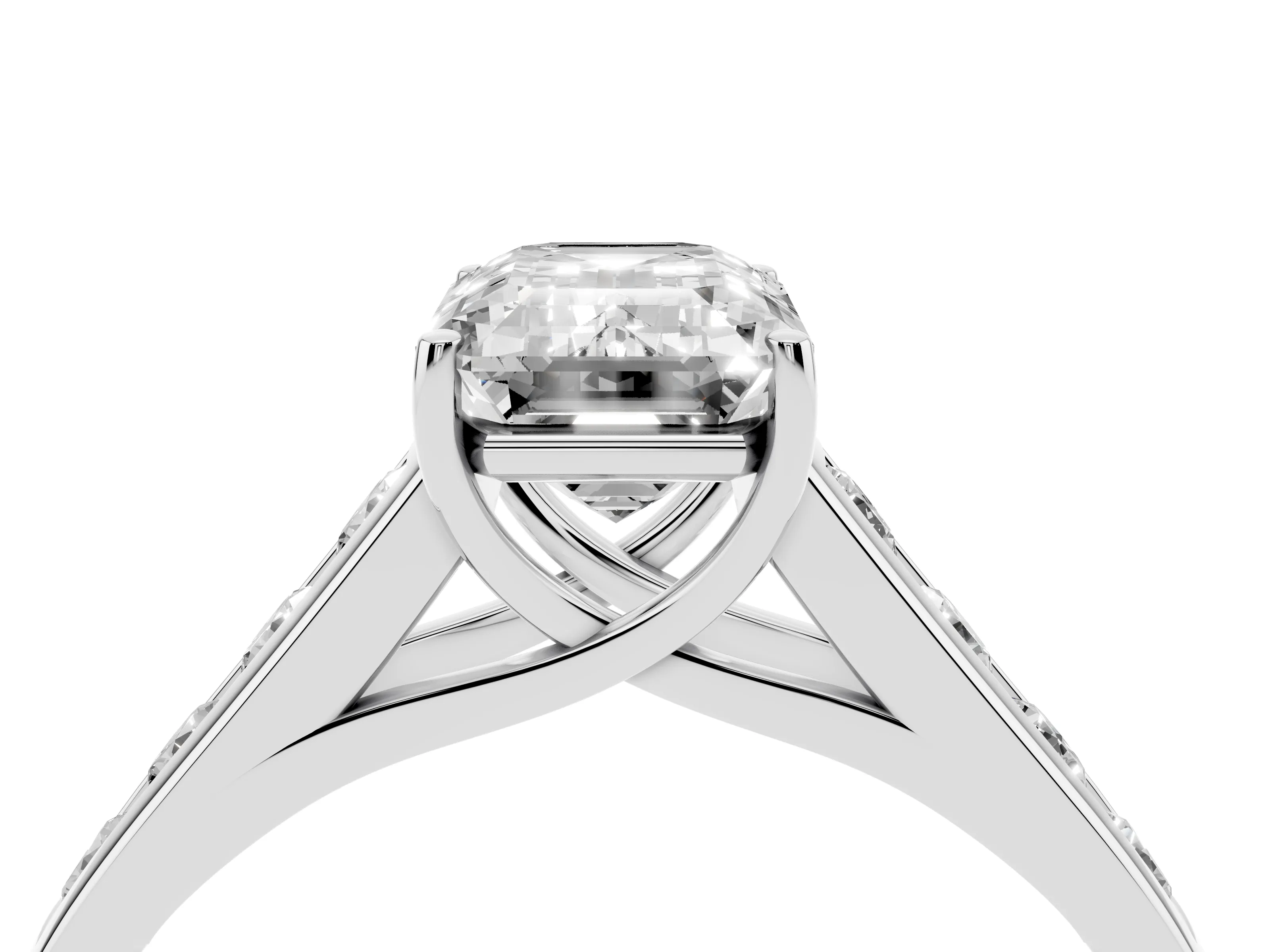 Emerald Cut Diamond Solitaire Channel-Set Engagement Ring Set in White gold with Prong Setting
