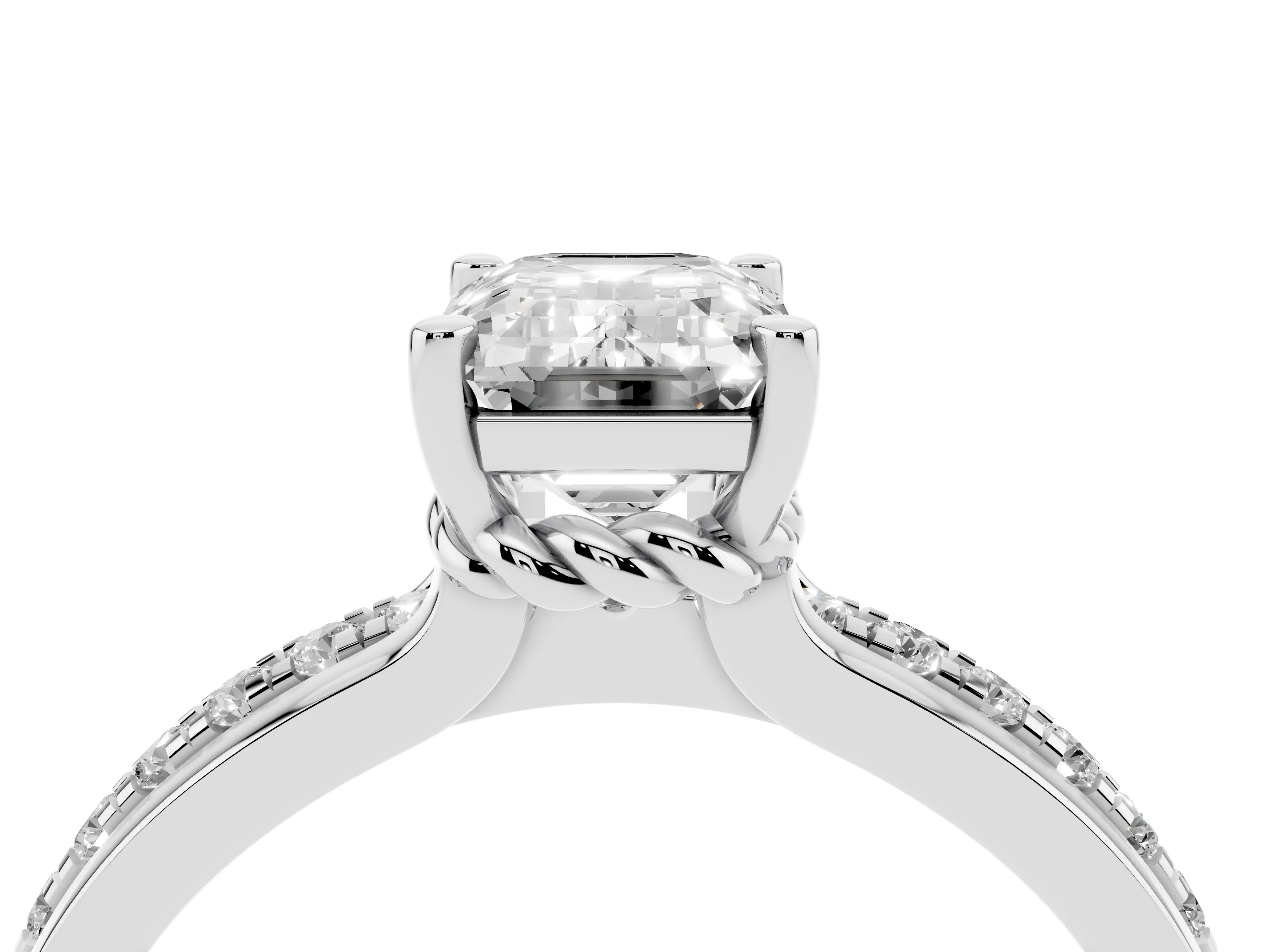 Emerald Cut Diamond Solitaire Ring Set in Platinum with Channel Set Band and Prong Setting