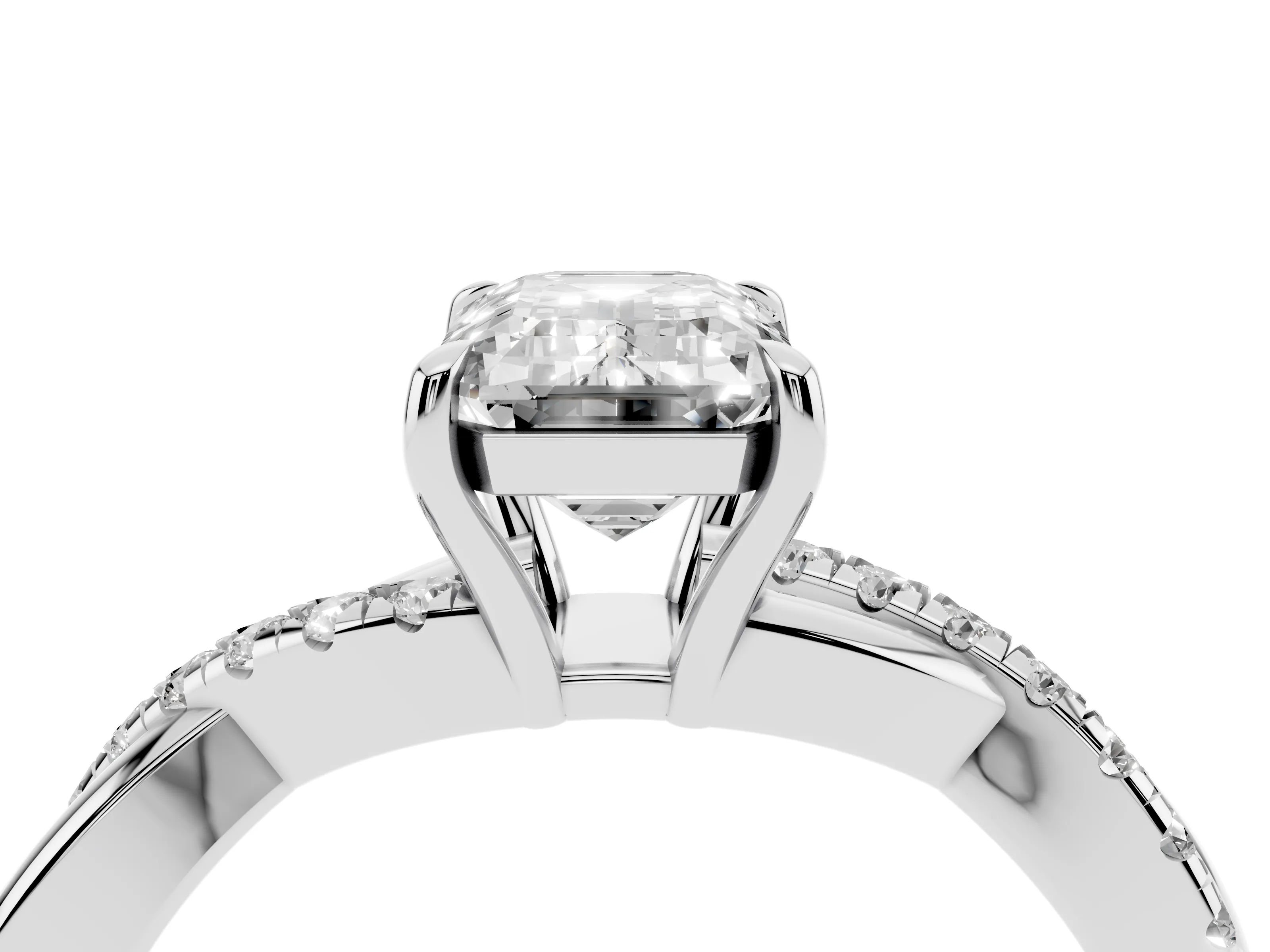 Emerald Cut Diamond Twisted Pavé Band Ring Set in Silver with Prong Setting