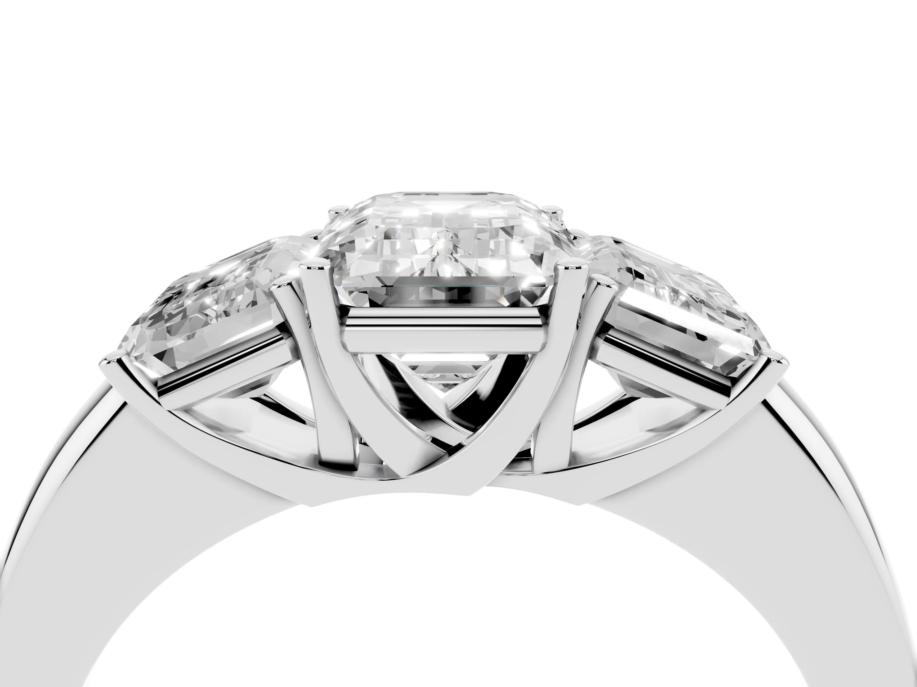Emerald Cut Diamond Three-Stone Ring Set in Platinum with Bold Center and Classic Band