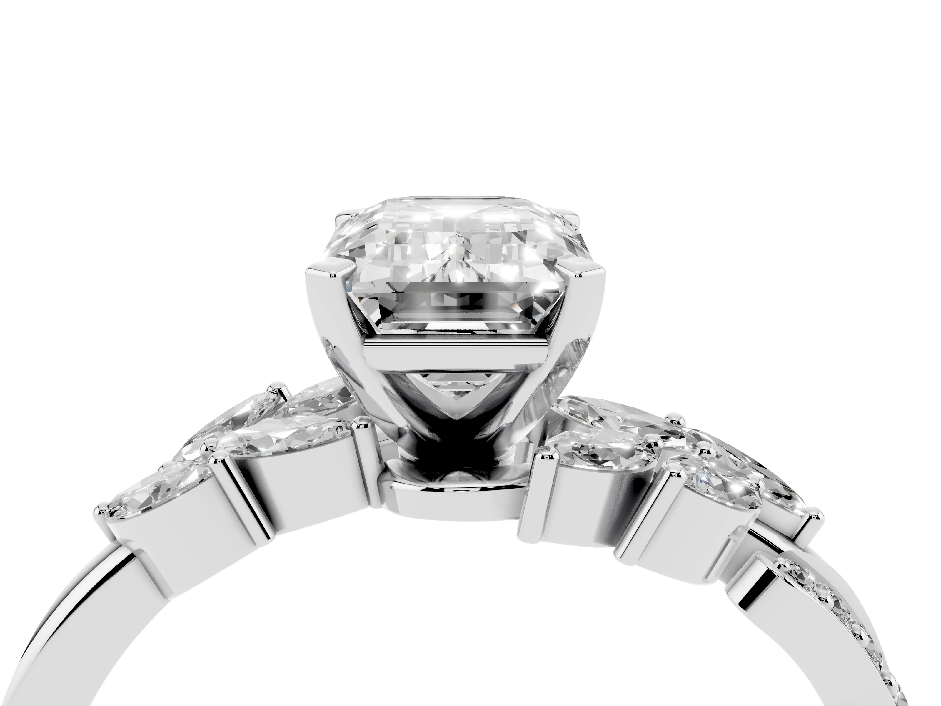 Emerald Cut Diamond Solitaire Ring Set in Silver with Marquise Twist Band and Prong Setting