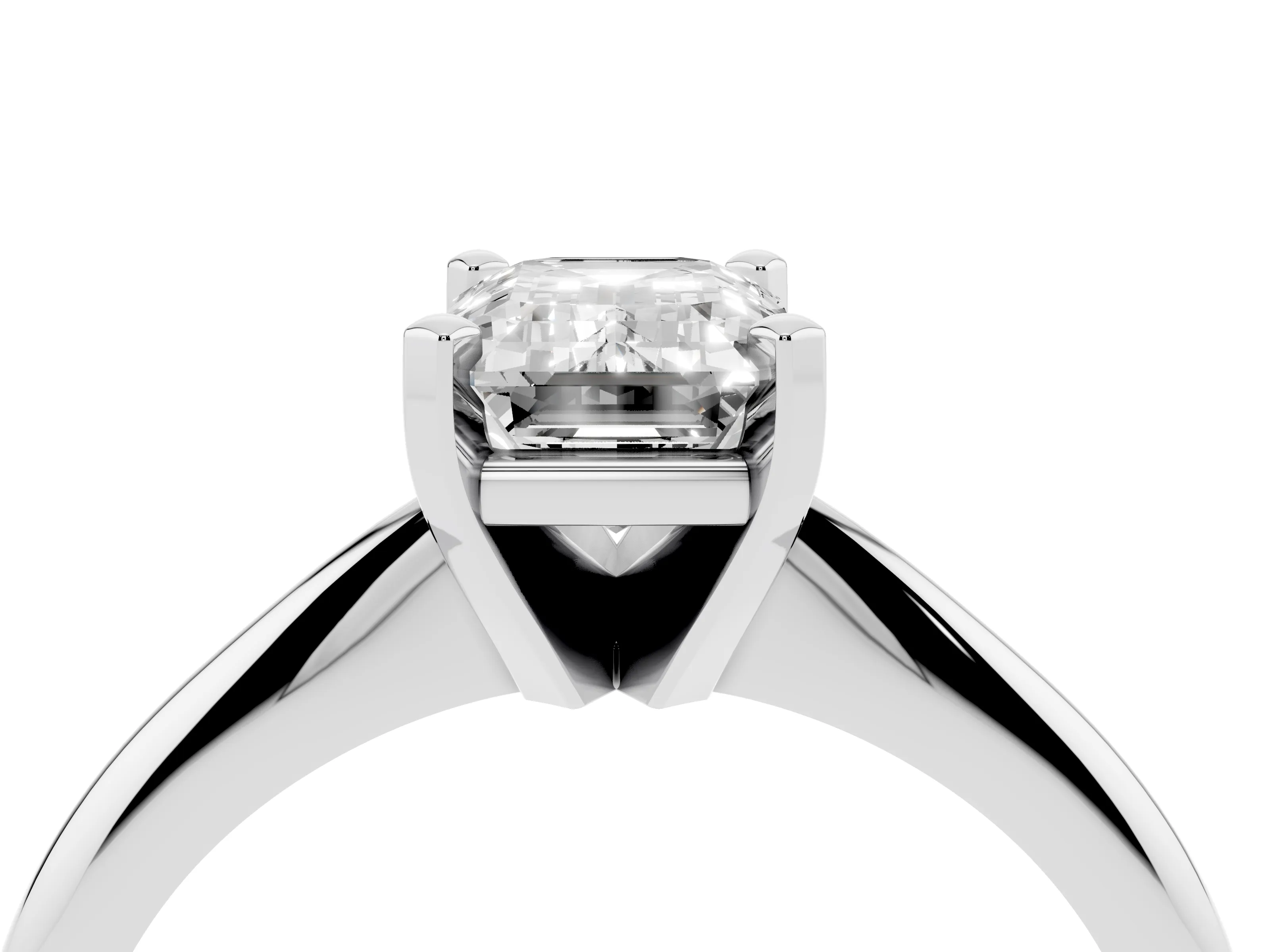 Emerald Cut Diamond Solitaire Ring Set in Silver with Prong Setting on a Plain Round Band