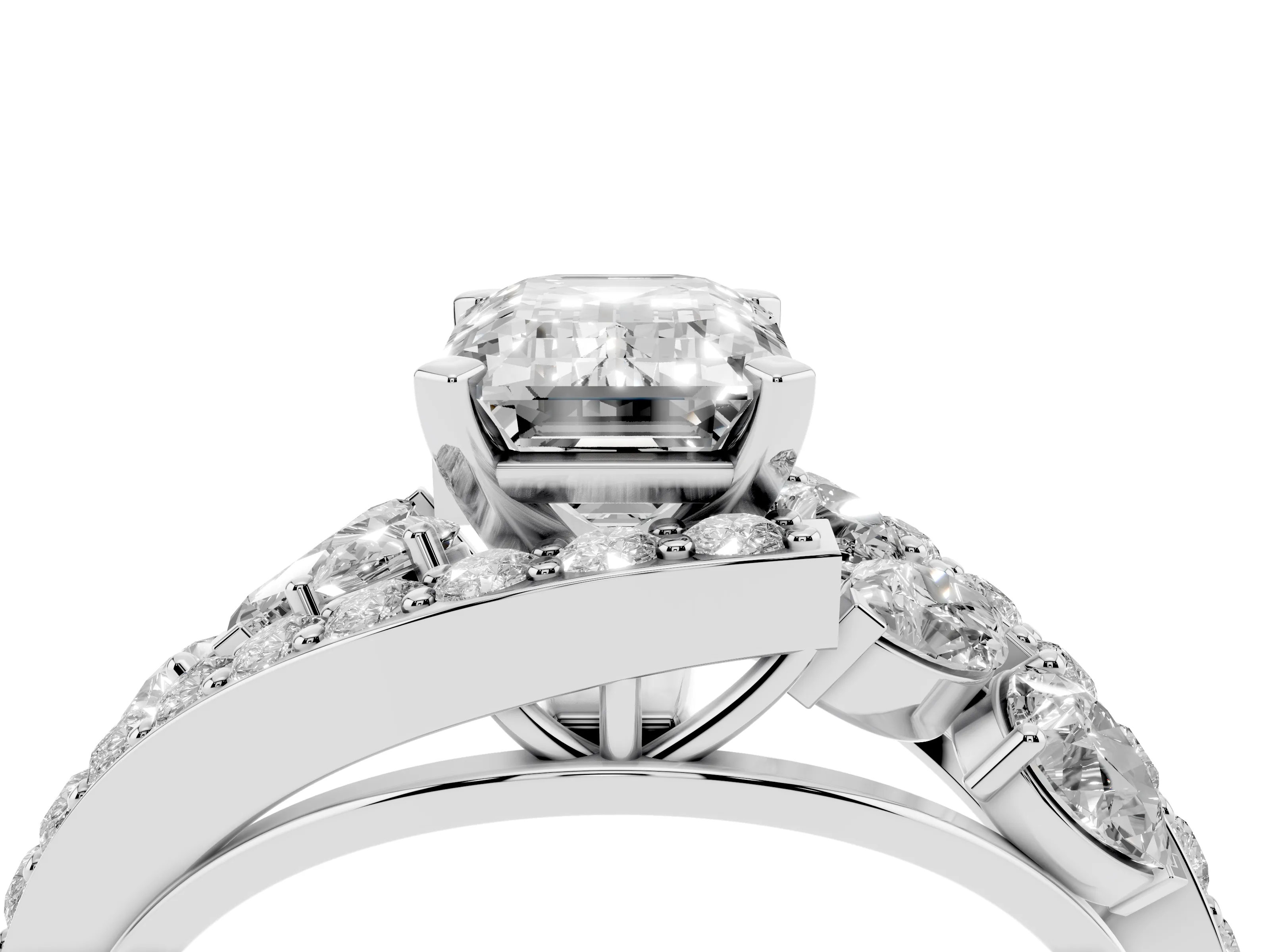 Emerald Cut Diamond Halo Ring Set in White gold with Marquise and Pavé Band in Prong Setting