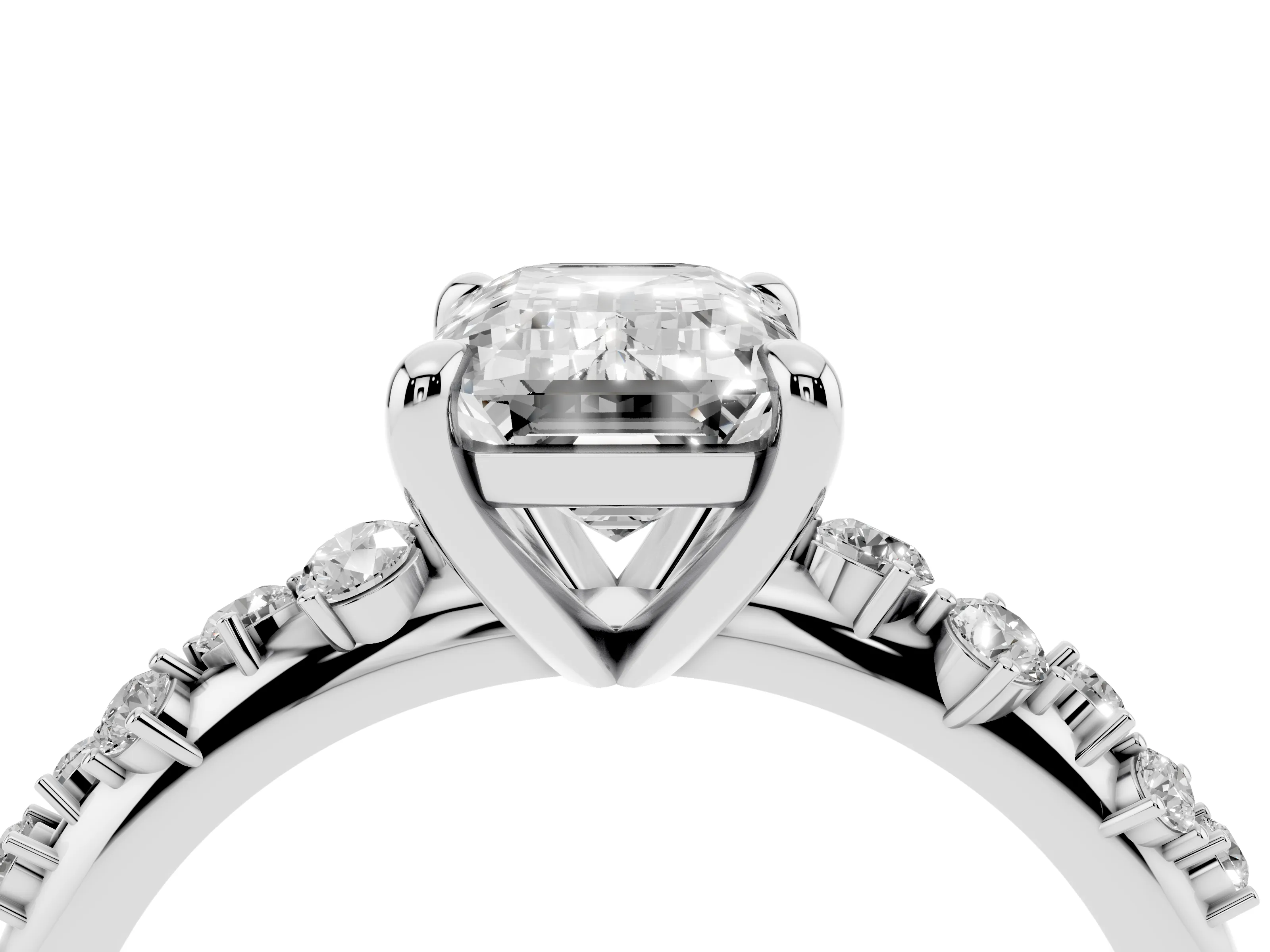Emerald Cut Diamond Solitaire Vine Band Ring Set in White gold with Round Accents and Prong Setting