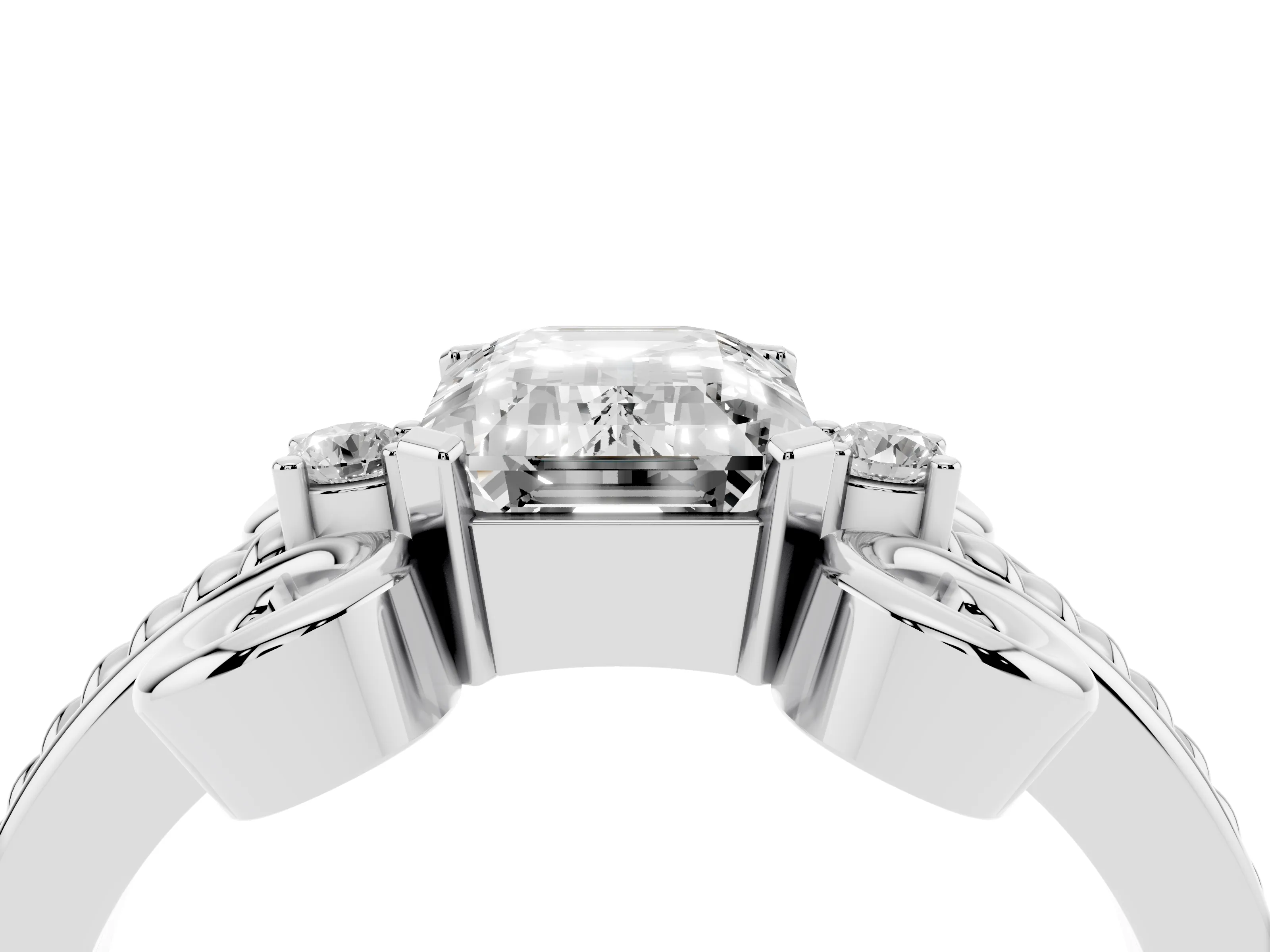 Emerald Cut Diamond Twisted Band Solitaire Ring Set in Platinum with Scroll Prongs