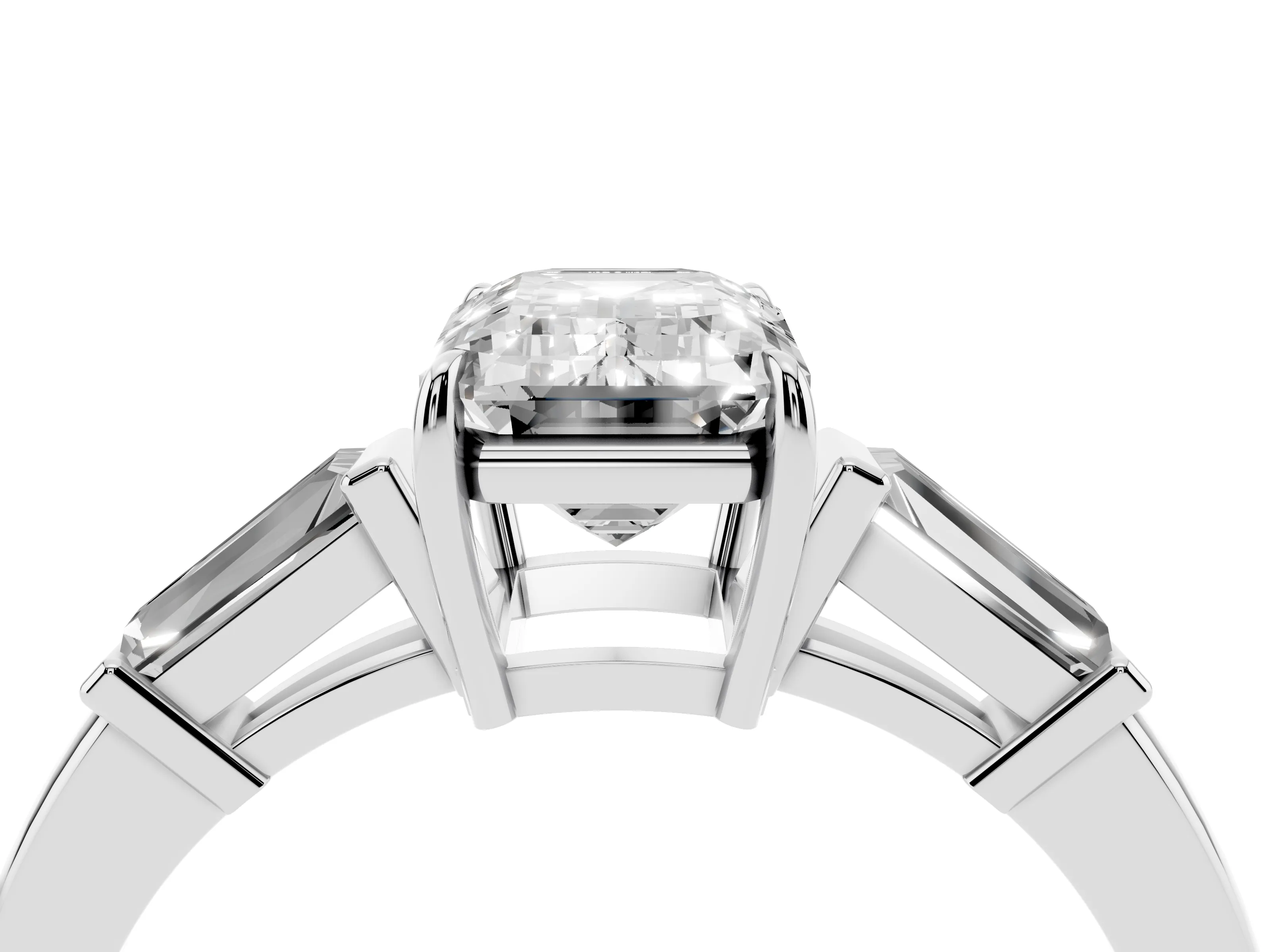 Emerald Cut Diamond Three-Stone Ring Set in Platinum with Tapered Baguette Side Stones and Prong Setting