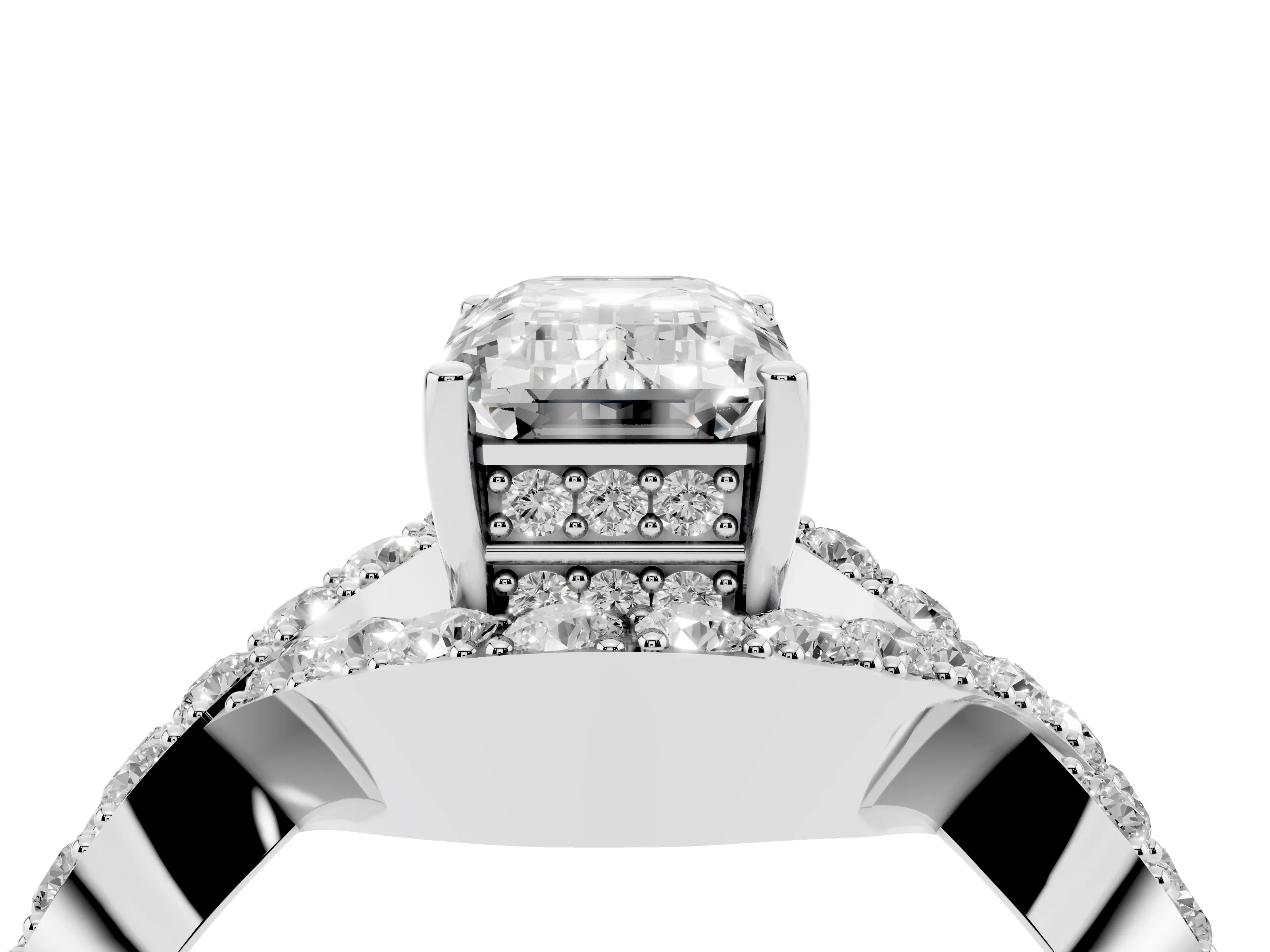 Emerald Cut Diamond Solitaire Twist Band Pavé Engagement Ring Set in Platinum