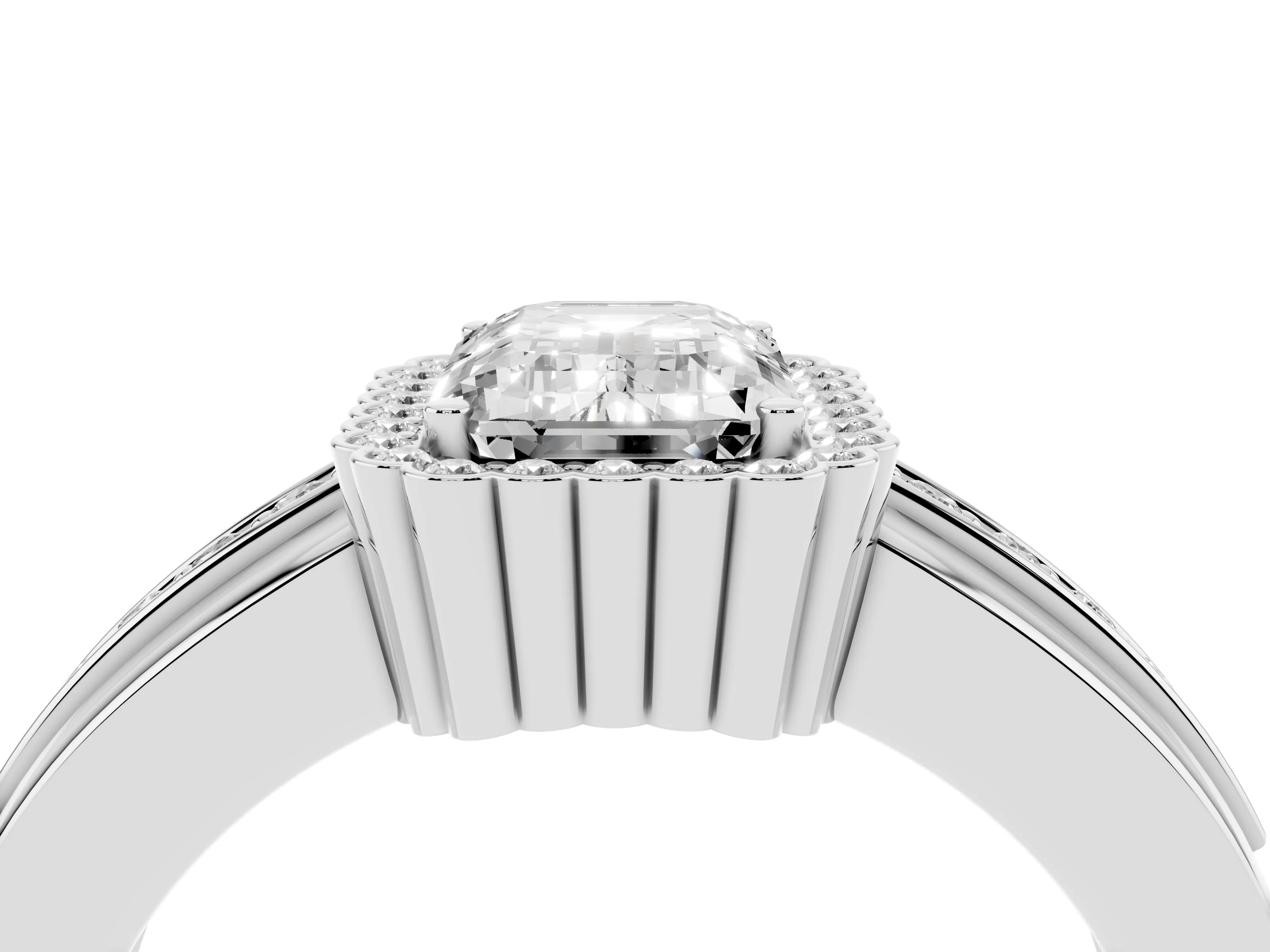 Emerald Cut Diamond Halo Prong Ring Set in White gold with Pavé Band