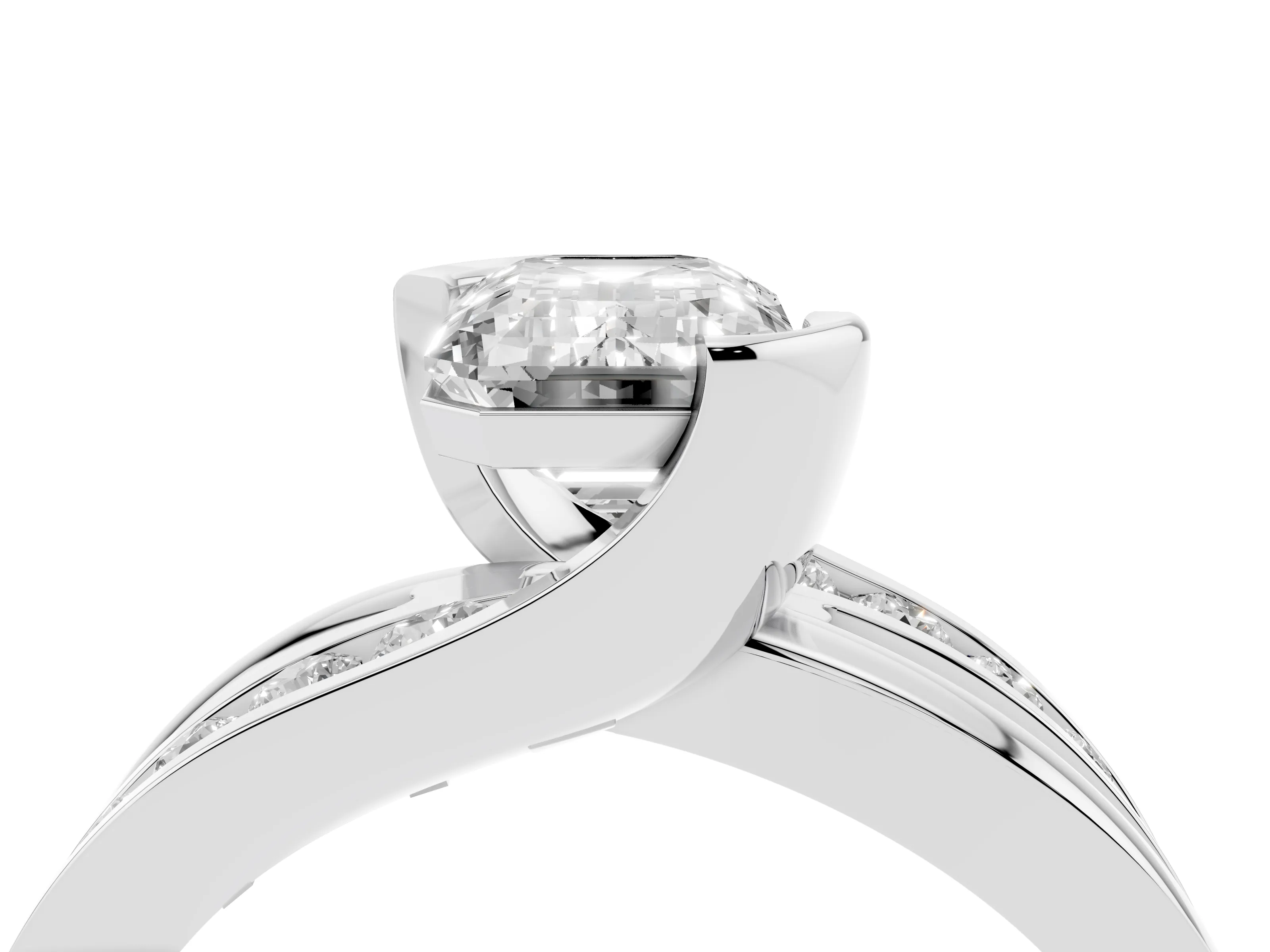 Emerald Cut Diamond Solitaire Ring Set in Silver with Channel Set Split Shank and Tension Prongs