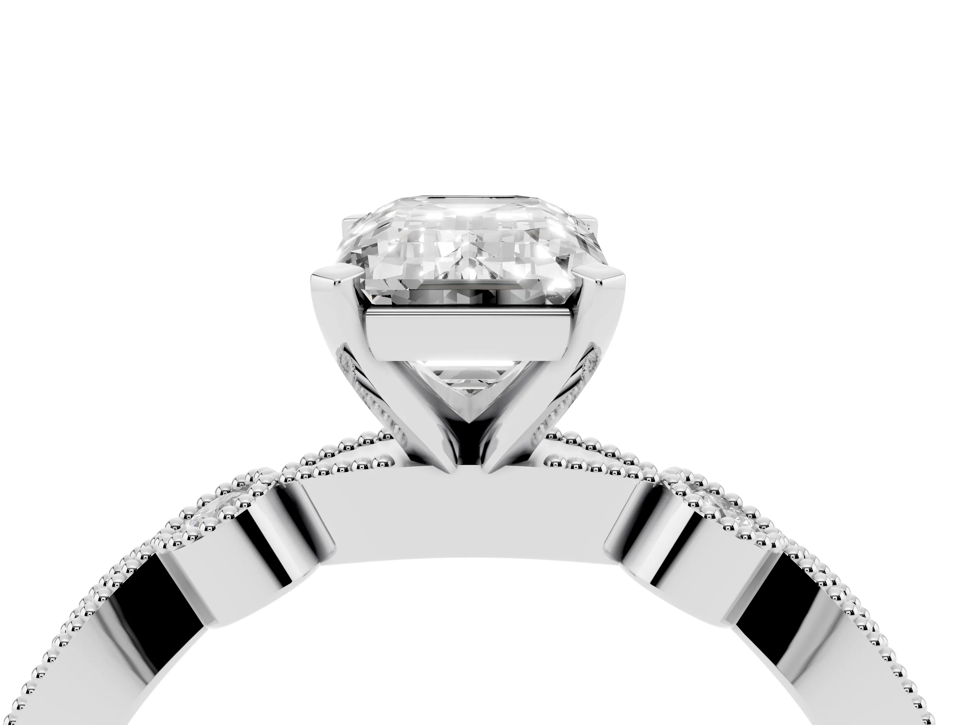 Emerald Cut Diamond Solitaire Engagement Ring Set in White gold with Milgrain Bezel Accent Band