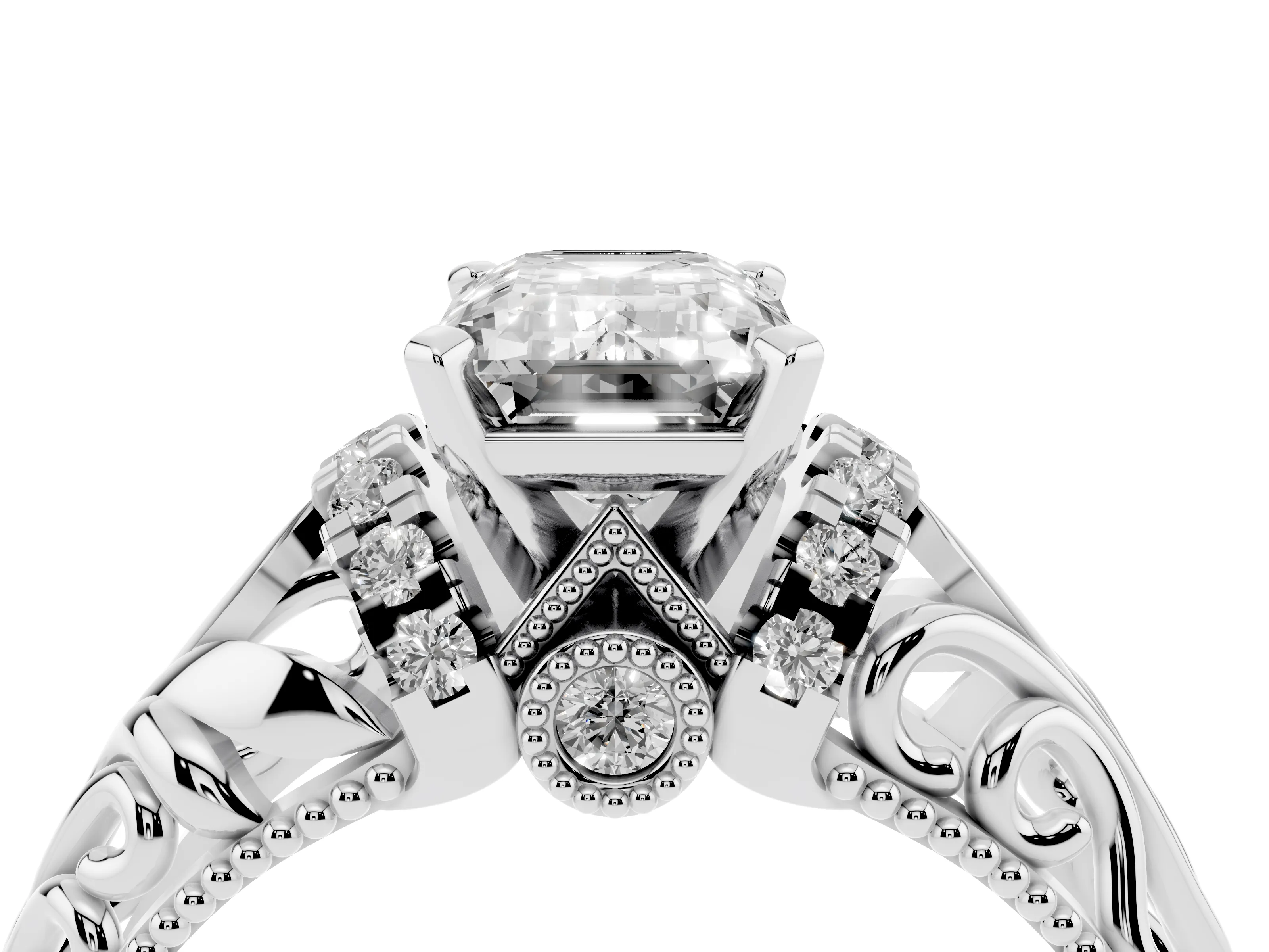 Emerald Cut Diamond Filigree Halo Engagement Ring Set in White gold with Prong Setting