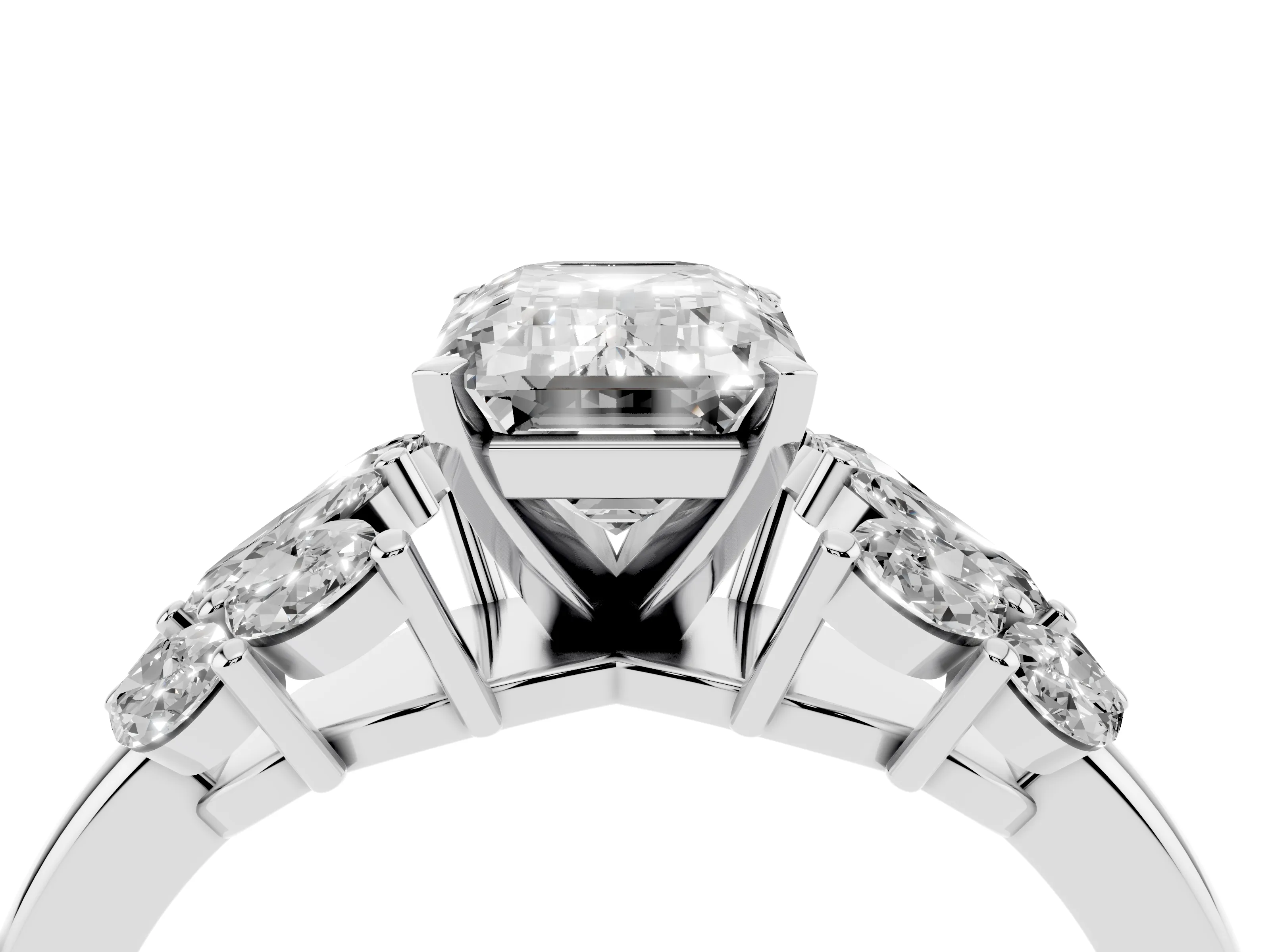 Emerald Cut Diamond Cluster Leaf Design Ring Set in Platinum with Prong Setting