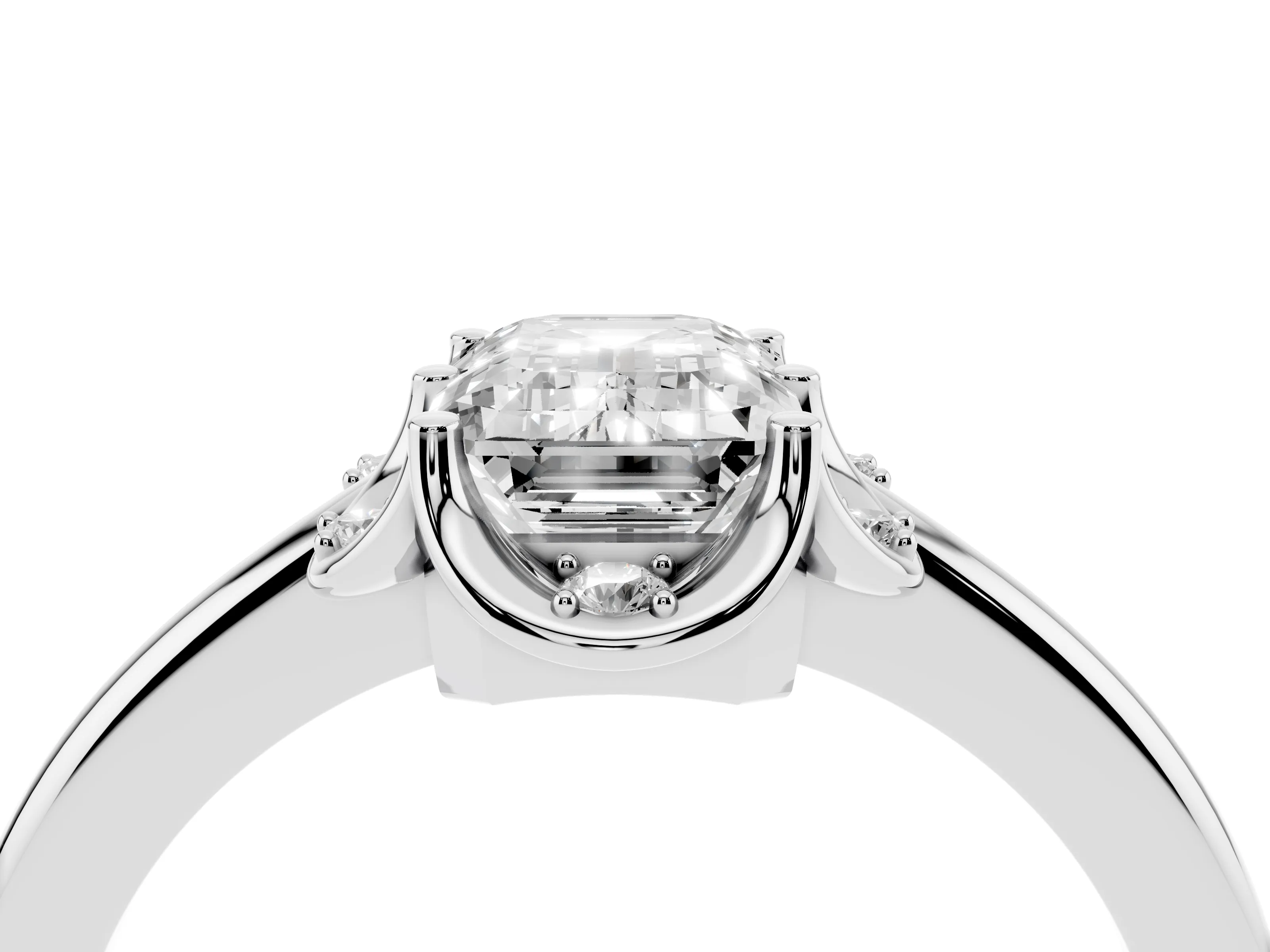 Emerald Cut Diamond Round Cluster Halo Ring Set in Platinum with Solitaire Band and Prong Setting
