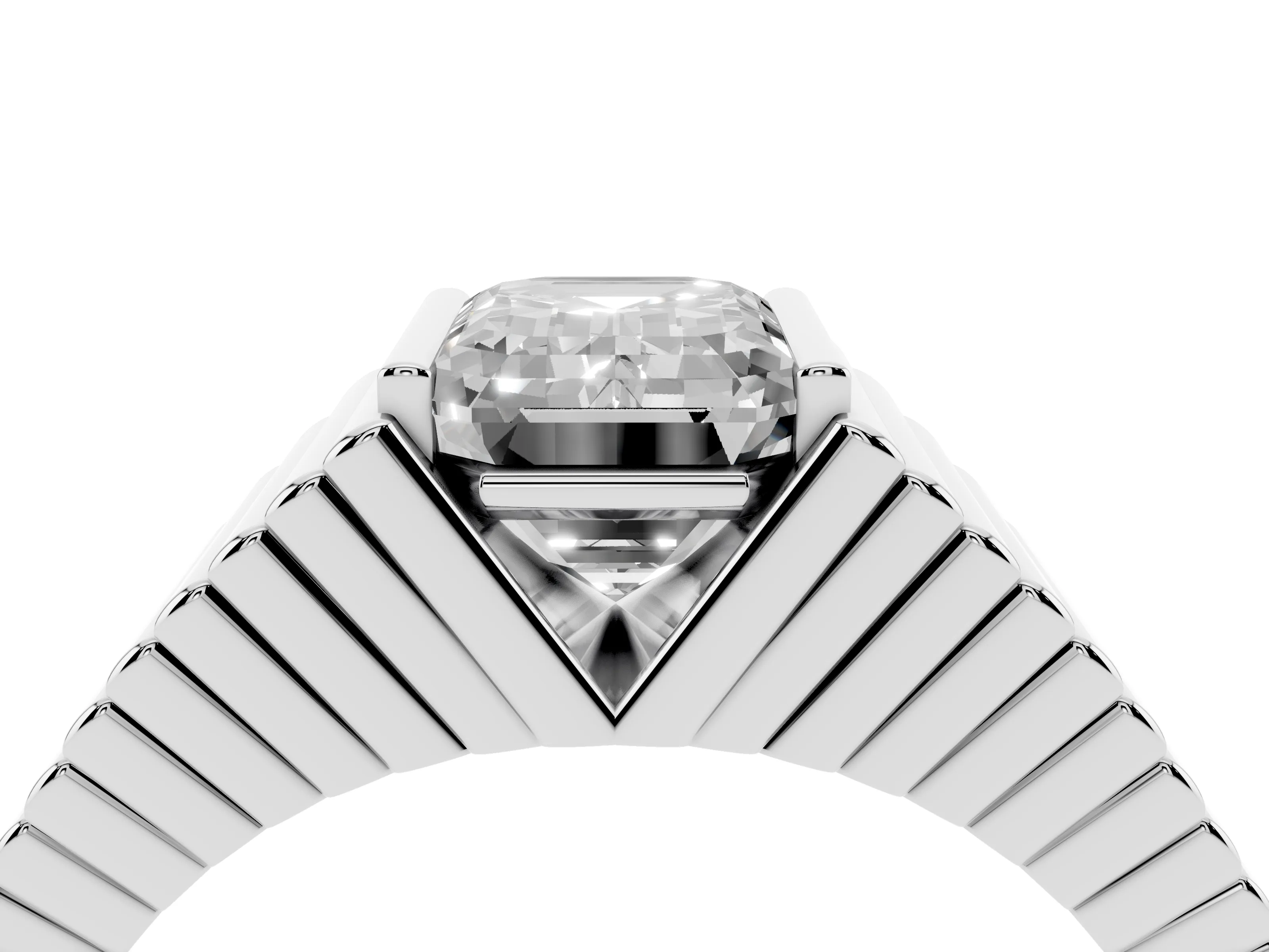 Emerald Cut Diamond Mens Ring Set in Silver with Fluted Band