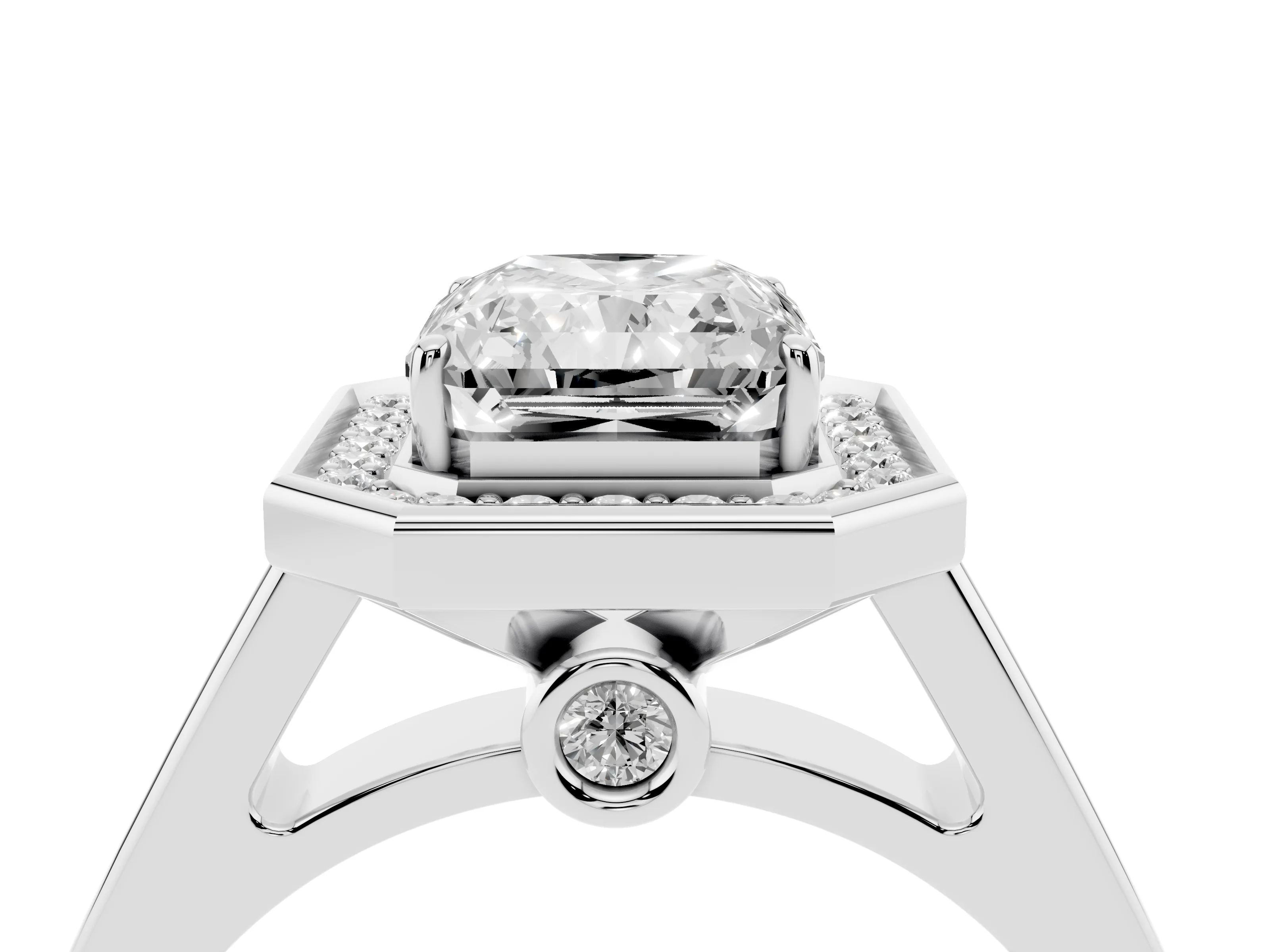 Emerald Cut Diamond Halo Solitaire Ring Set in Platinum with Pavé Band and Bezel Setting