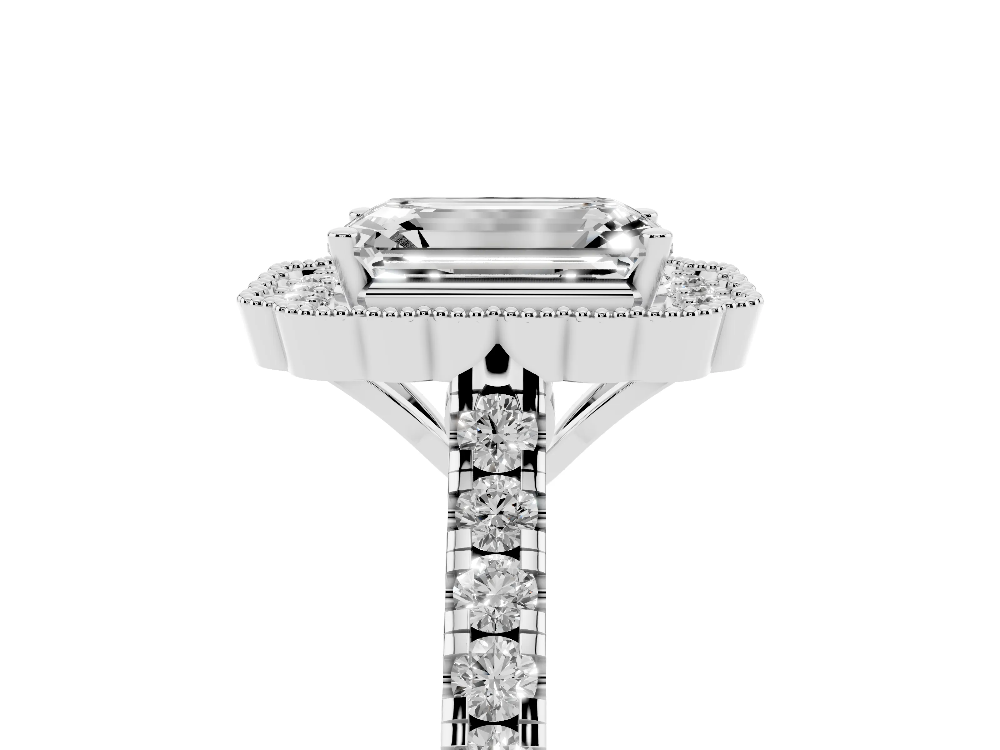 Emerald Cut Diamond Milgrain Floral Halo Engagement Ring Set in Platinum with Pavé Band