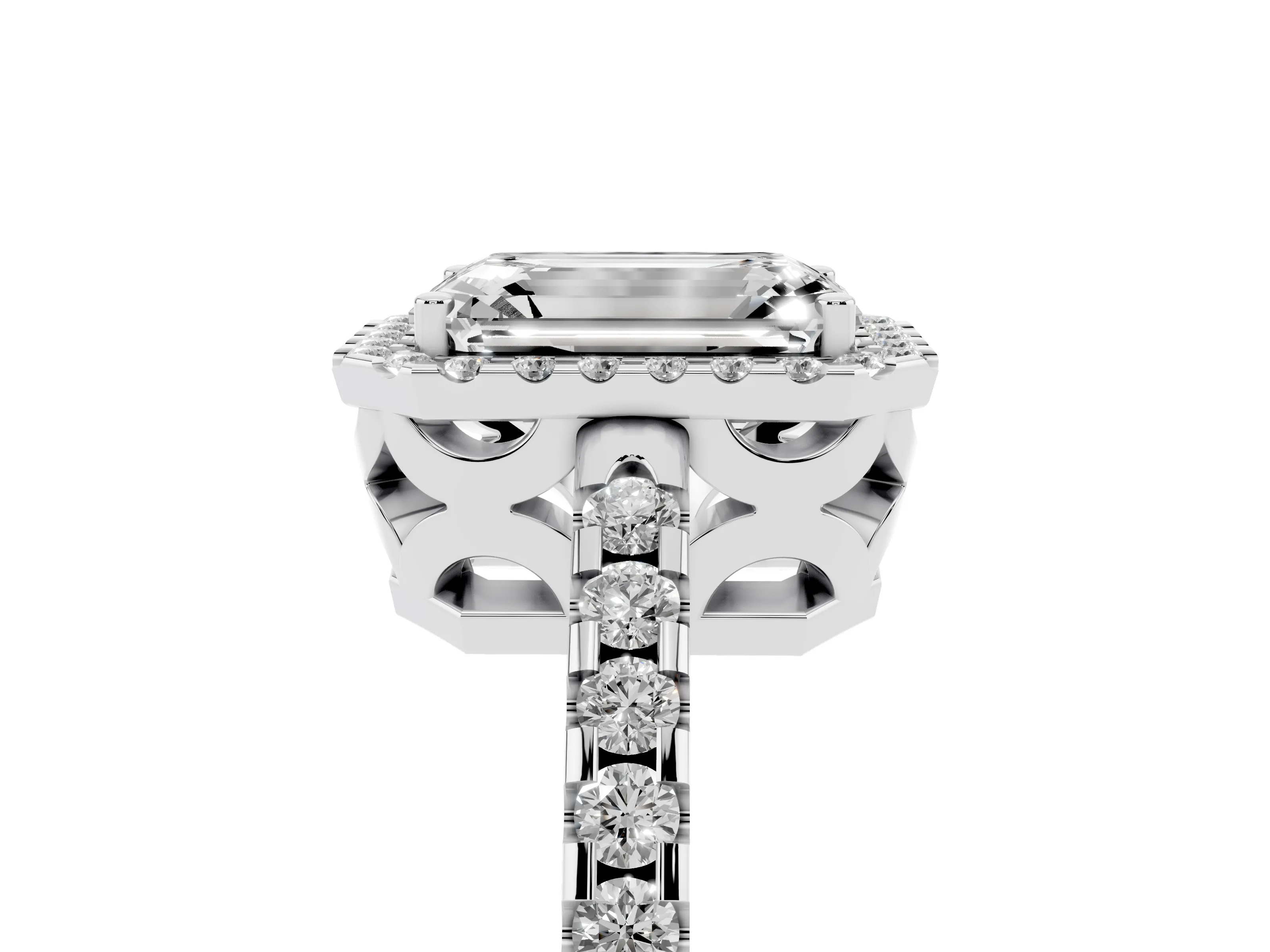 Emerald Cut Diamond Halo Ring Set in White gold with Pavé Shoulders and Halo-Framed Center